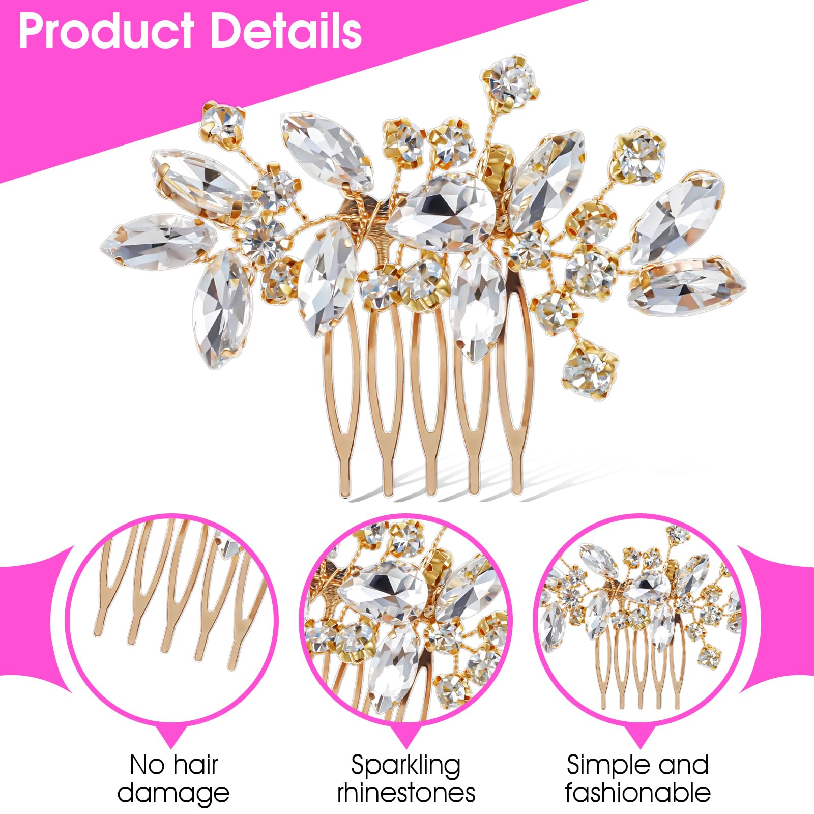 2Pcs Bridal Wedding Hair Comb Gold Rhinestone Hair Piece Sparkle Metal Crystal Hair Accessories for Bride Bridesmaids Women Girls - Image 3