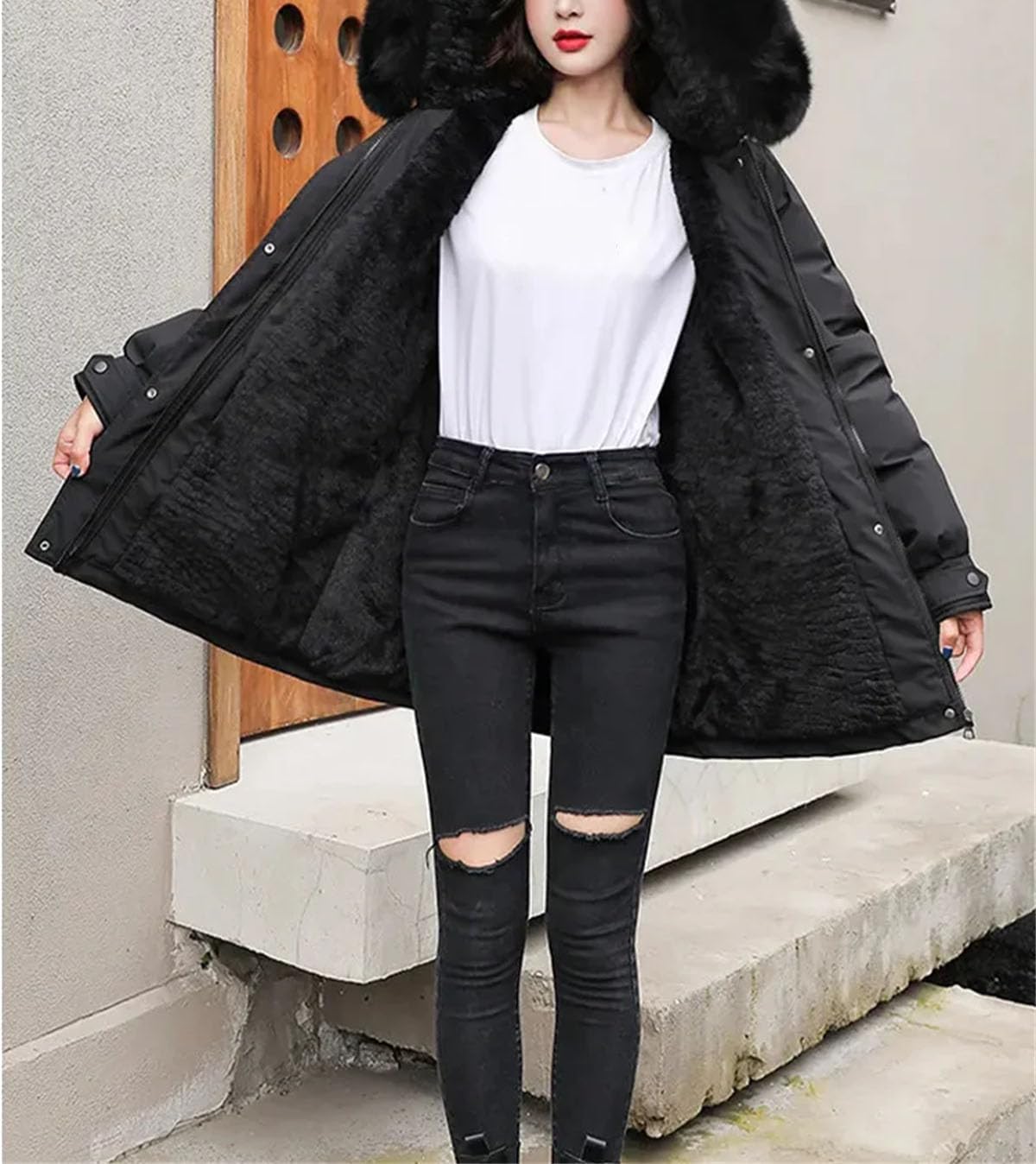 Women's Hooded Plush Collar Down Jacket Drawstring Waist Warm Mid-Long Parka Coat