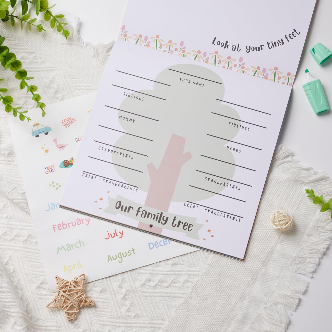 Baby First Year Keepsake Memory Calendar BONUS/W Stickers by Joss & Lac Design – Family Tree | Gender Neutral | Wonderful Gift for Baby Boys & Baby Girls (Flower)