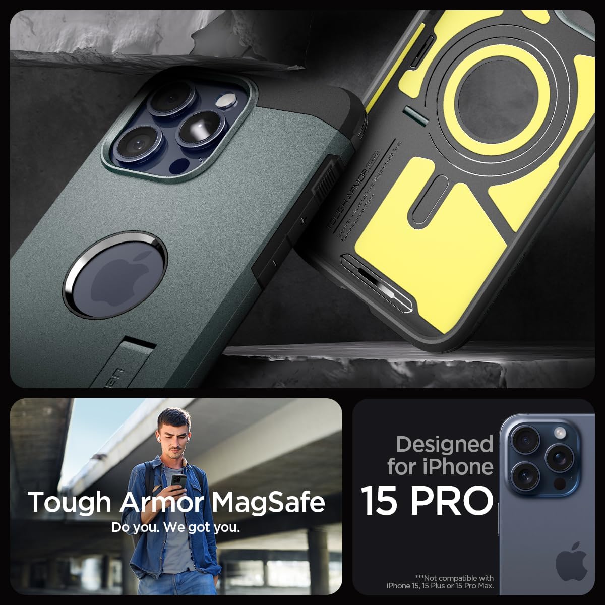 Spigen Tough Armor MagFit Designed for iPhone 15 Pro Case (2023) [Kickstand] [Military-Grade Protection] Compatible with MagSafe - Abyss Green - Image 2