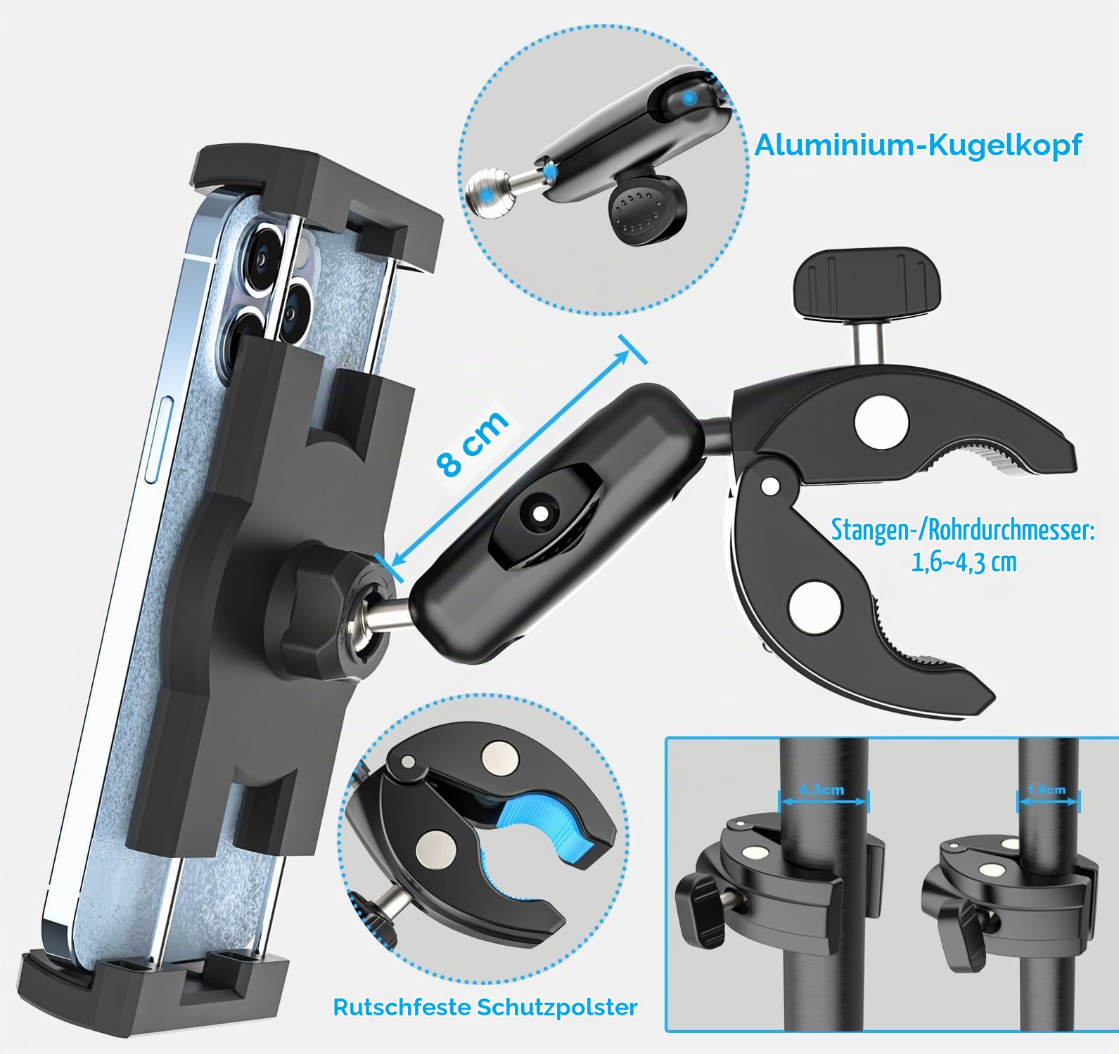 Boot Tablet Halterung Metall Robust, Segelboot Yacht Marine iPad Halterung | Klemmhalterung Fahrrad Boote Rohrklemme für Tablets & Handys, 4-13 Zoll (mit Fallschutzgurt)