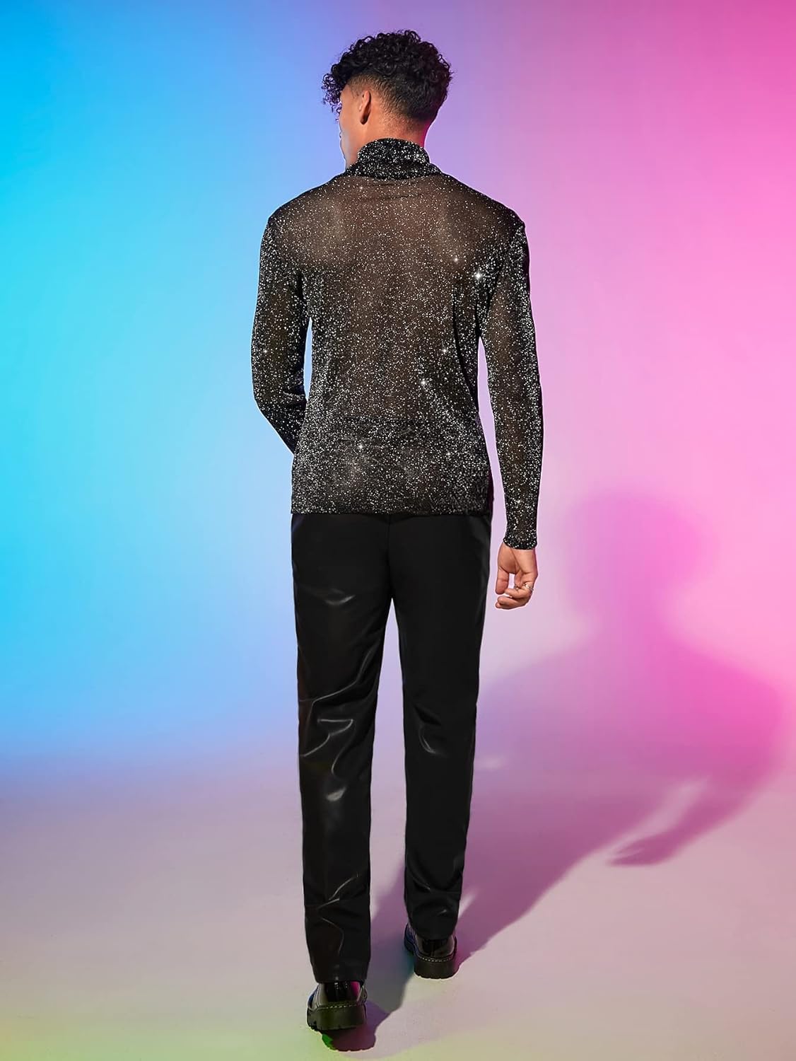 WDIRARA Men's Glitter Mesh Sheer Turtle Neck Long Sleeve See Throught Tee Tops Partywear - Image 2