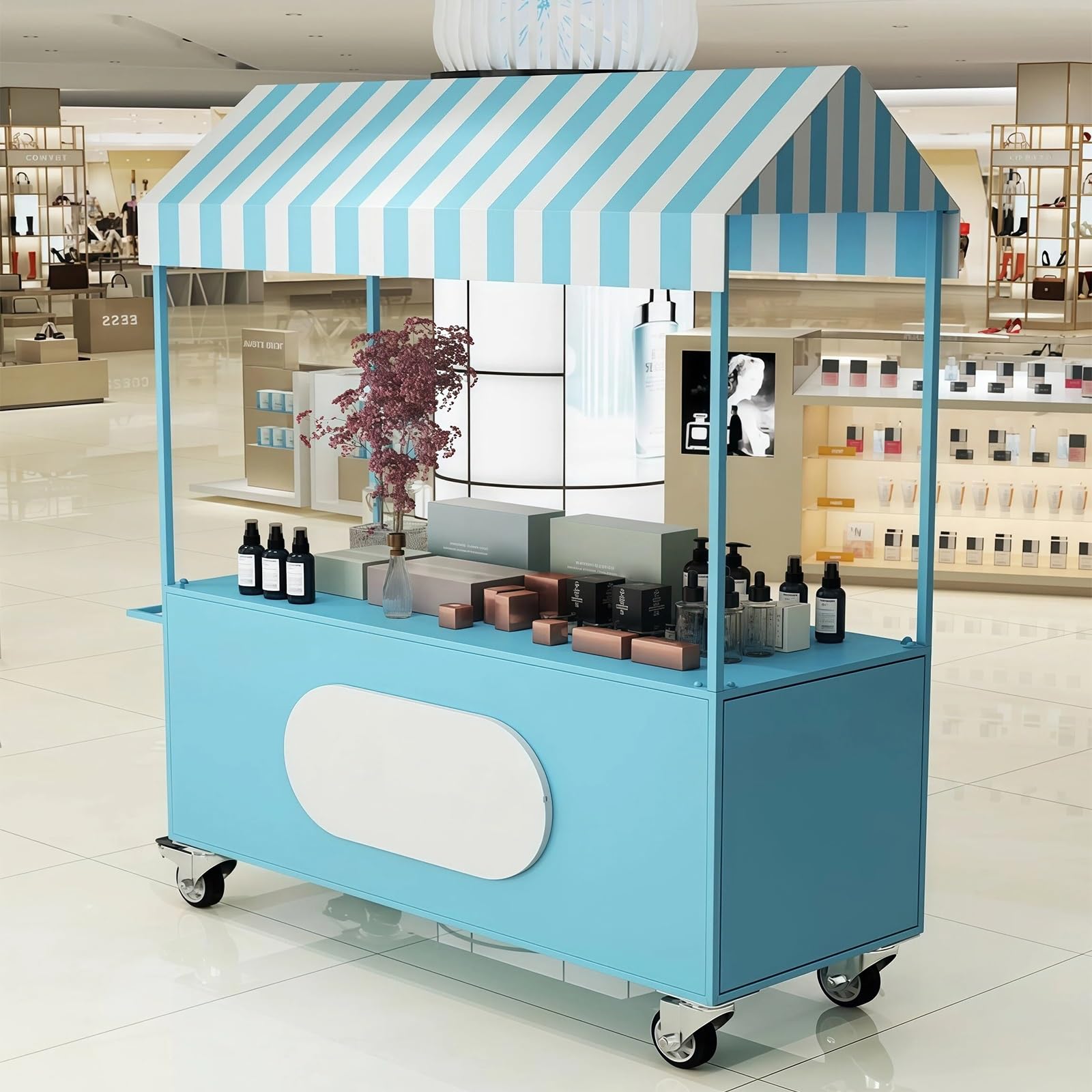 Marktstand Verkaufsstand Mobiler Verkaufswagen, Imbisswagen Mobile Food Cart Vendor mit Gestell aus Metall, 360° Rollen, Geräumiger Tisch und Untergestell, Mit Gestreiftem Dach für Märkte & Events