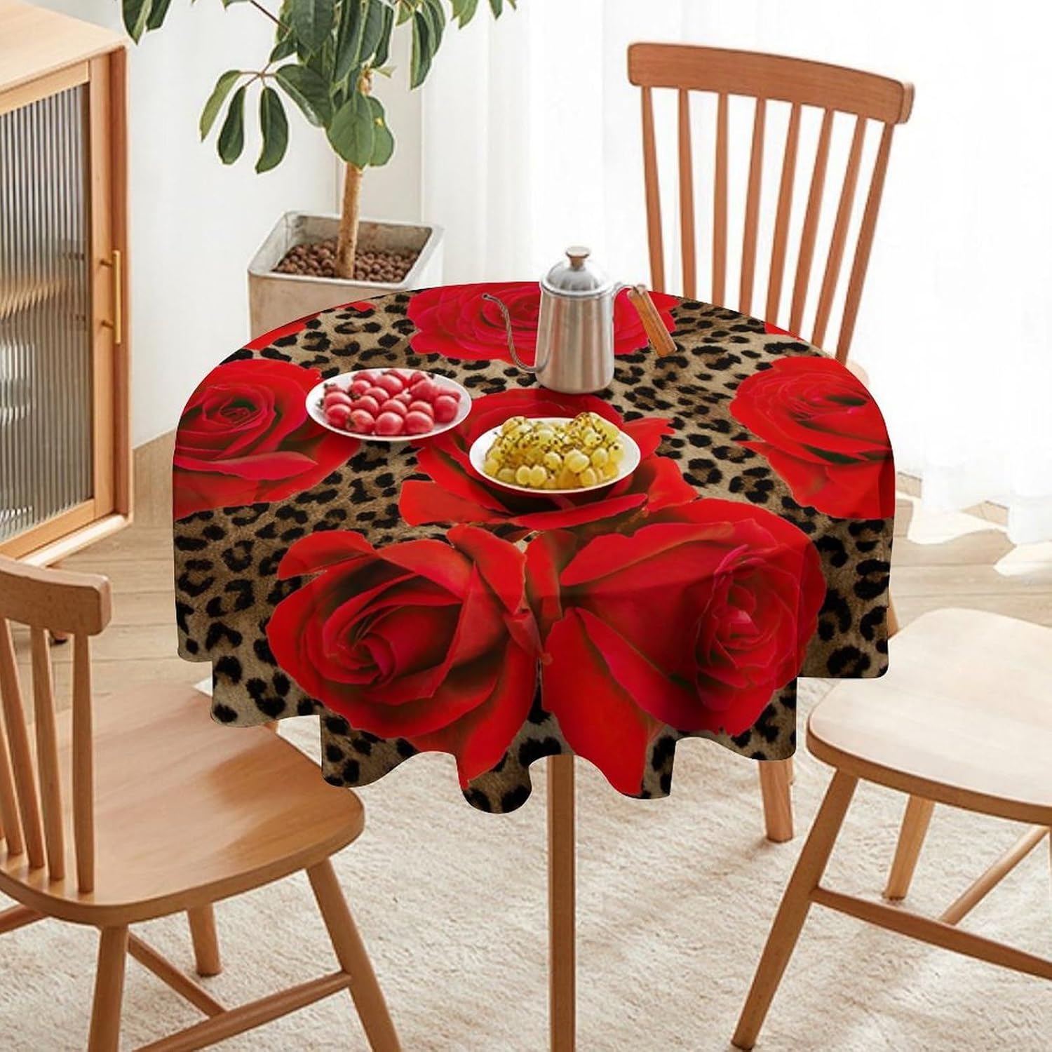 Leopard Flower Round Tablecloth, Red Rose Wild Animal Leopard Background Print Pattern Tablecloth for Home Party Dining Room Kitchen Decor 70Inch(178cm)