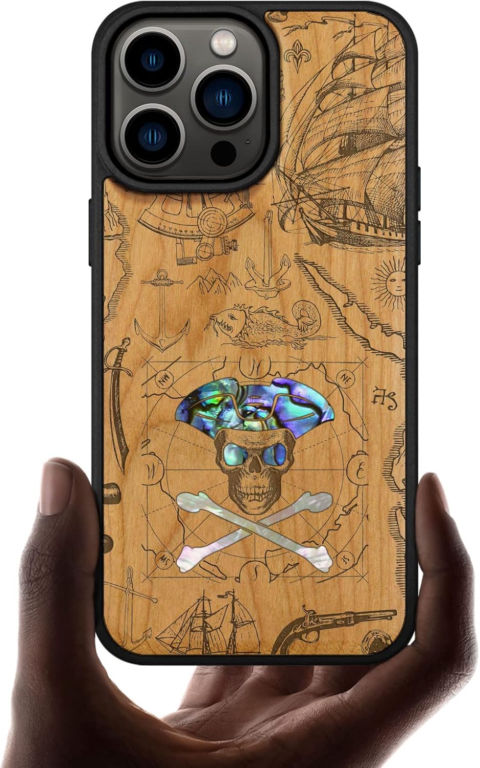 Carveit Designer Wooden Protective Magnetic Case for iPhone 14 Pro Max Case [Wood Engraving & Shell Inlay] Wood Phone Cover Compatible with 14 Pro Max MagSafe (Pirate Skull-Blackwood)