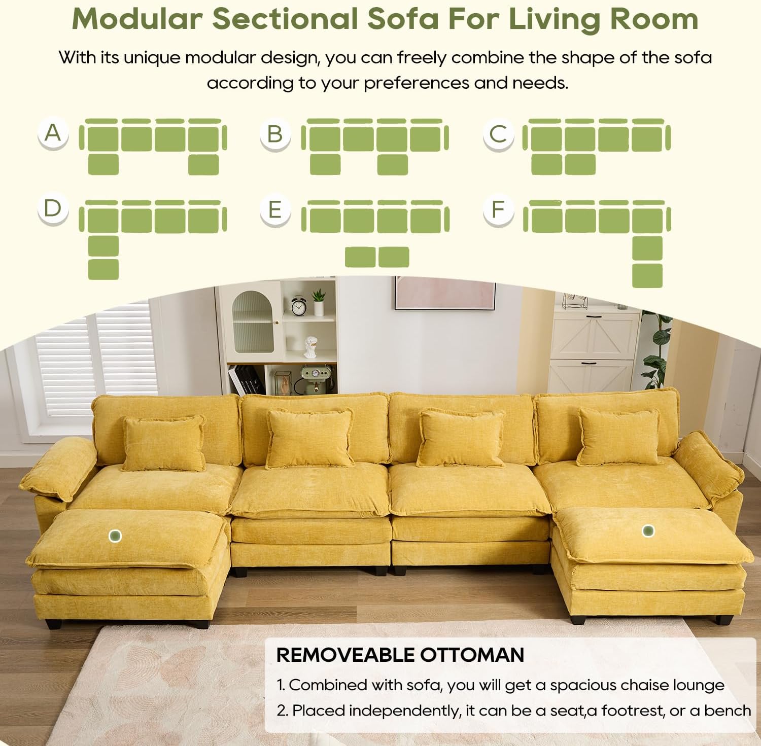 IPKIG 154" Modular Sectional Sofa Cloud Couch, Chenille Large U-Shaped Couch Comfy Upholstered 4-Seat Sofa with 2 Ottoman, 4 Lumbar Pillow, Deep Seat Sofa for Living Room (Yellow)