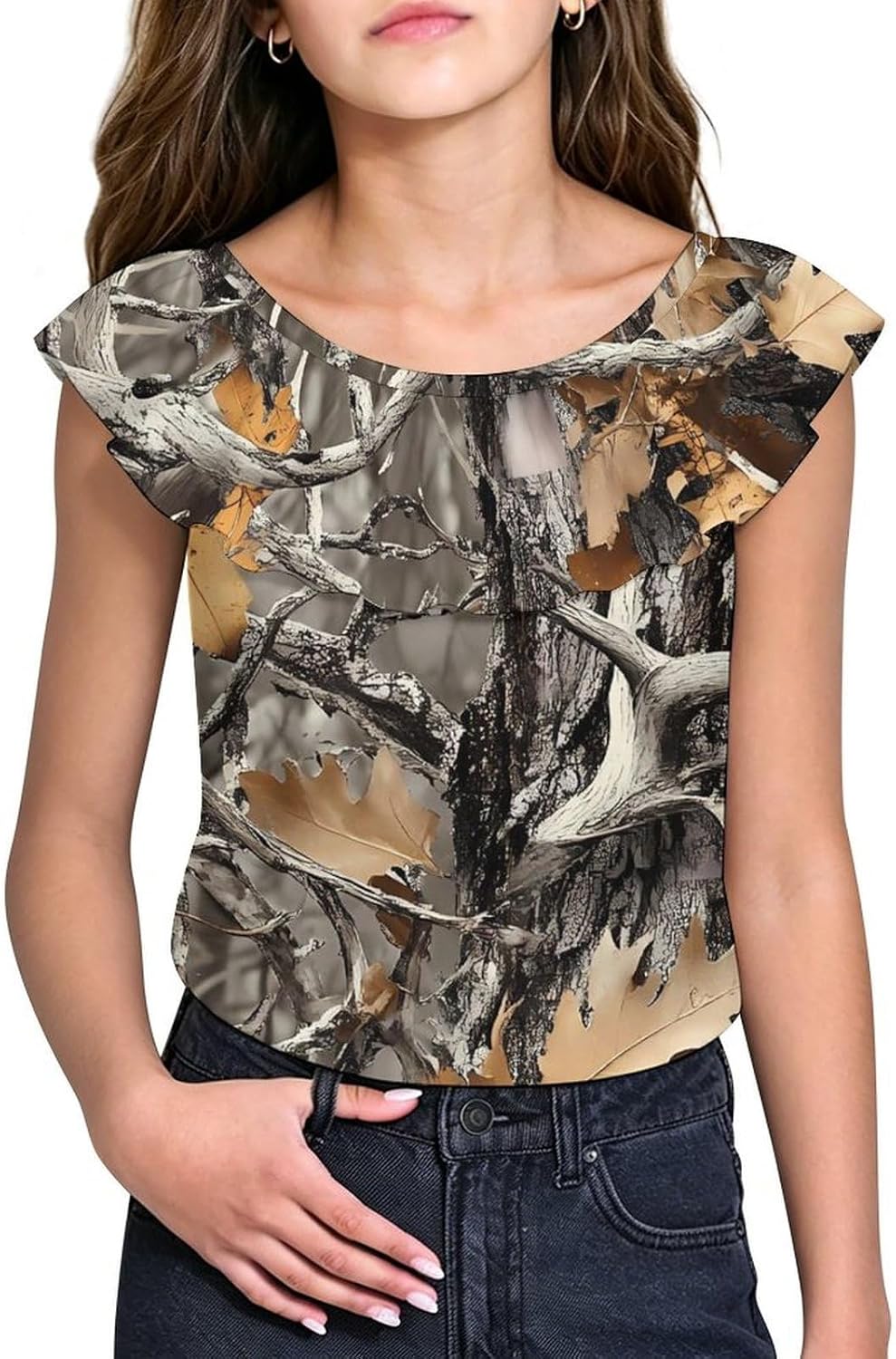 Hunt Hunting Camouflage Pattern Girls T-Shirts Top Ruffle Short Sleeve Blouse Casual Graphic Tees