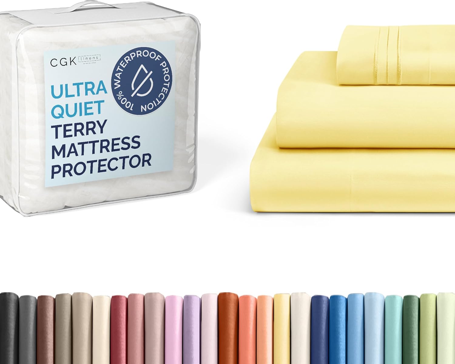 CGK Unlimited Twin XL Size 3 Piece Yellow Sheet Set + Twin XL Size Terry Mattress Protector