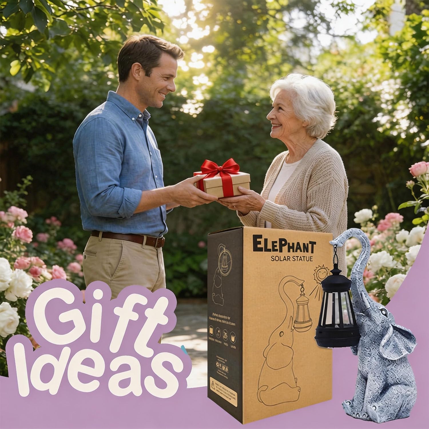 Yeomoo Elefanten Deko mit Solar Laterne Gartenfiguren - für Außen Gartendeko mit Wetterfest LED Solarlampe für Balkon Garten, Geschenke für Frauen Männer Mama Geburtstagsgeschenk Grau