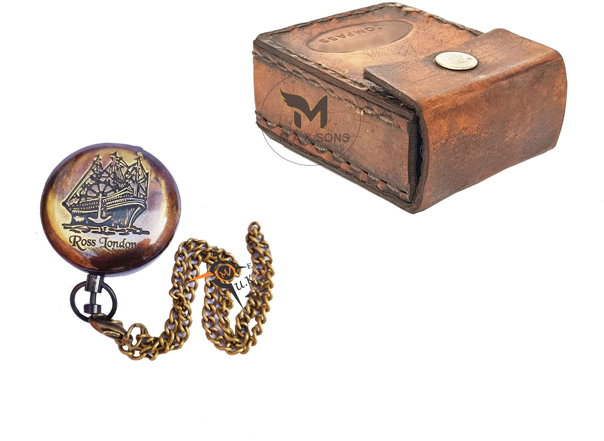 M.A & SONS Brass Pocket Push Button Compass with Leather Case-picture-22