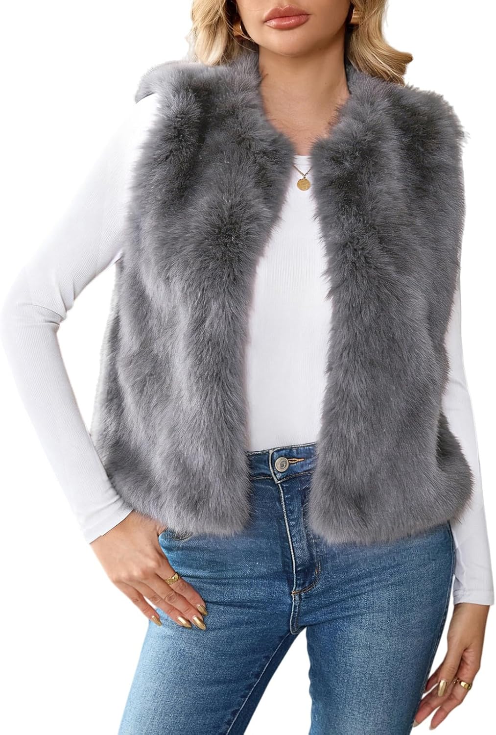 ALSOGO Women's Faux Fur Vest Sleeveless Open Front Fuzzy Jacket Fluffy Coats 2025 Trendy Outerwear Vests