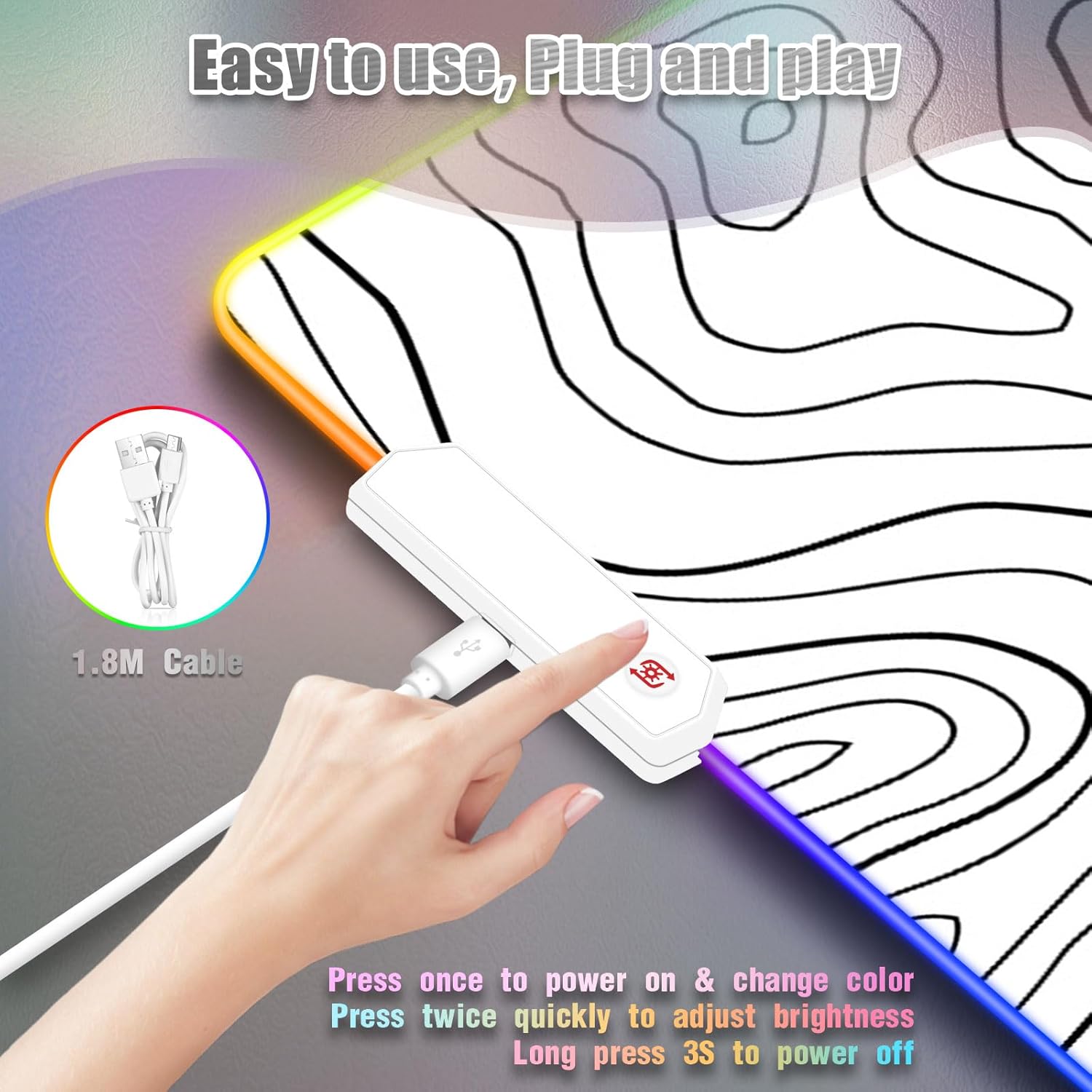 RGB Mouse Pad for Gaming I Large Mousepad with 14 Led Modes I Keyboard Pad Gaming Desk Mat I Non-Slip Rubber Base Mouse Mat I 900x400x4mm Waterproof Mousepad for Gamer I Cool White Line - Image 4