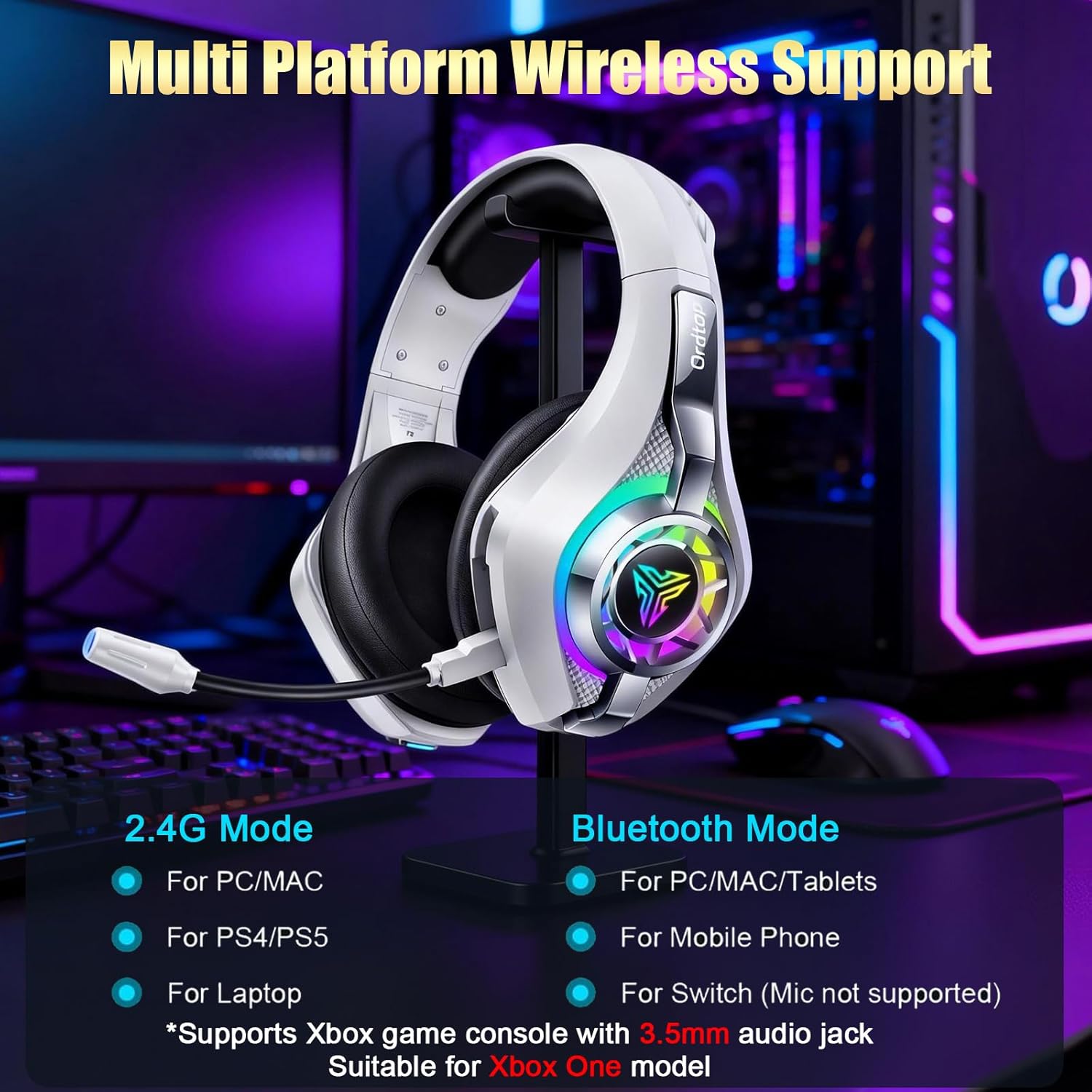 2.4GHz Wireless Gaming Headsets for PS5/PS4/PC/Switch/Xbox, RGB Noise Cancelling Over-Ear Headphones with 7.1 Surround Sound, 40mm Drivers, 276g Ultraligero, Memory Foam, 45H Gaming Headphones White