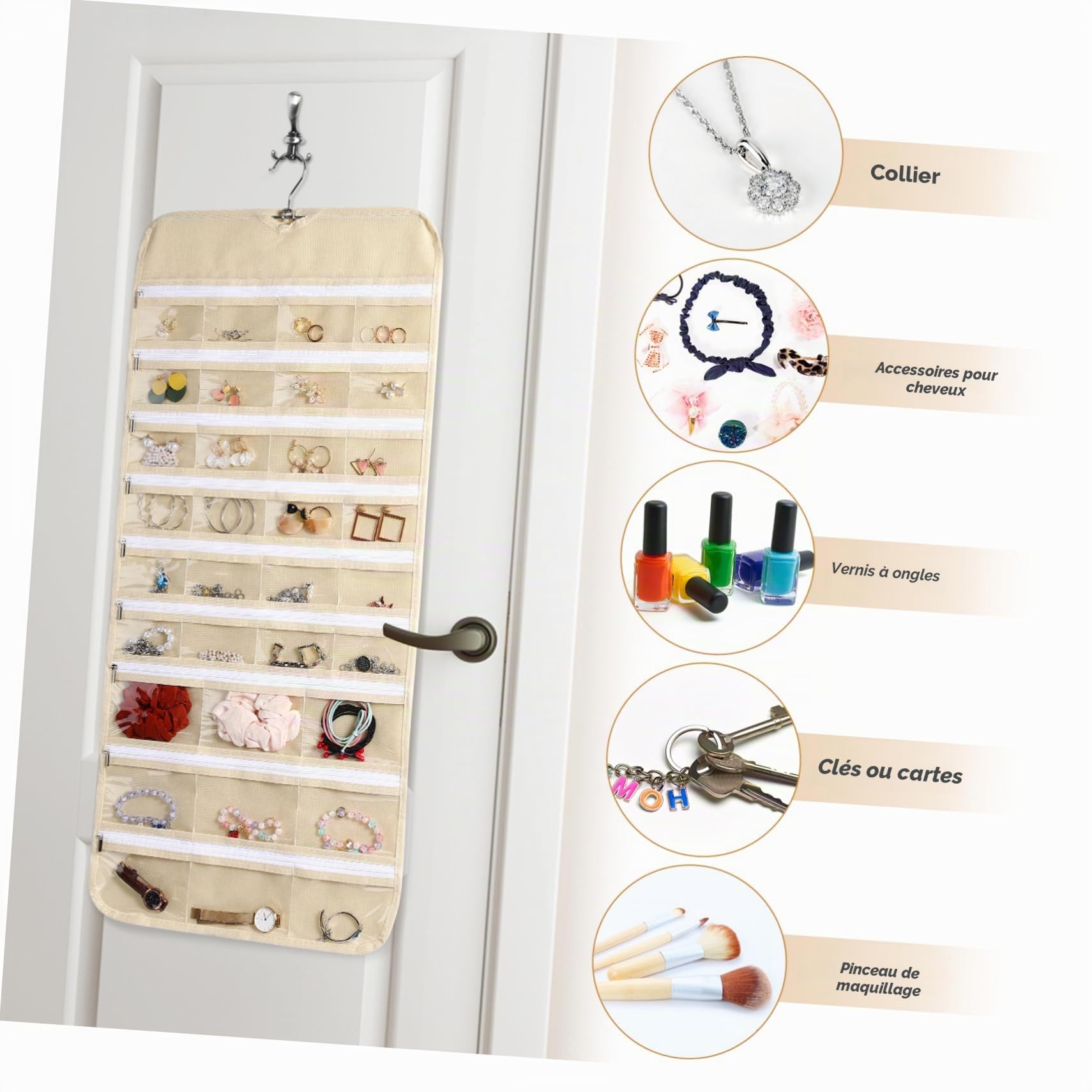 Hanging Organisateur de bijoux avec 66 poches double face pour boucles d'oreilles, colliers, bracelets, bagues, placards, armoire, penderie