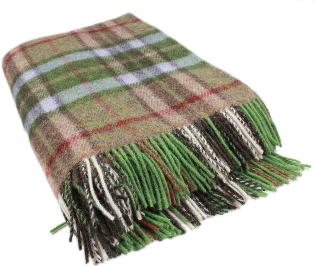 Biddy Murphy Irish 100% Wool Throw & Toss Blanket, Made in Ireland, Heirloom Quality, 54" x 72", Pale Green/Beige Plaid Tartan