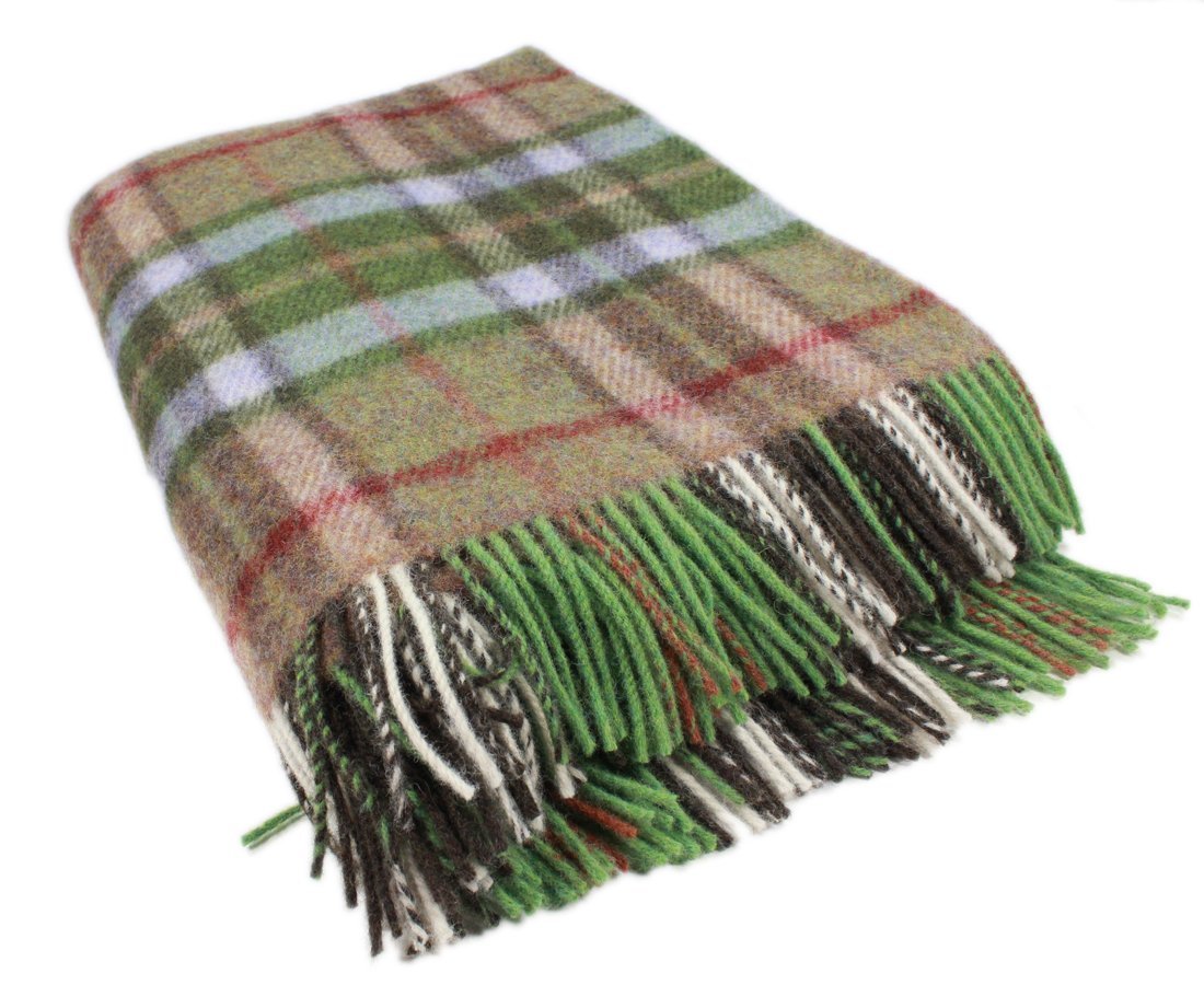 Biddy Murphy Irish 100% Wool Throw & Toss Blanket, Made in Ireland, Heirloom Quality, 54" x 72", Pale Green/Beige Plaid Tartan