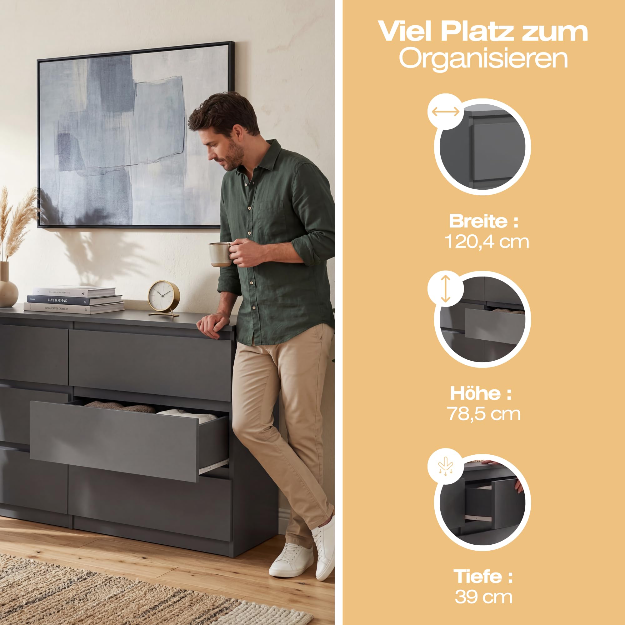 Kommode mit 6 Schubladen 120 cm Ideal für Wohnzimmer, Schlafzimmer, Kinderzimmer, Jugendzimmer und Büro Moderne Elegante Lösung für stilvolle Aufbewahrung (Anthrazit)