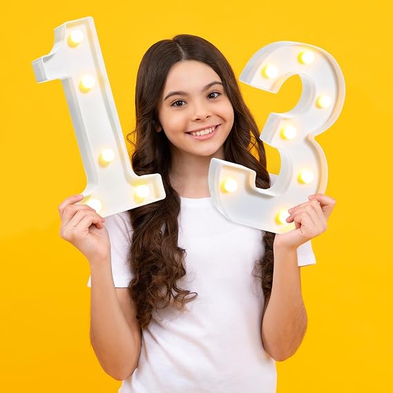 Treela 8.7'' Birthday Decorative LED Light up Numbers, Glitter Marquee Number Sign for Night Birthday Party Decorations Anniversary Bar LED Sign Backdrop Wall Table Centerpieces(13th,White)