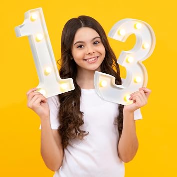 Treela 8.7'' Birthday Decorative LED Light up Numbers, Glitter Marquee Number Sign for Night Birthday Party Decorations Anniversary Bar LED Sign Backdrop Wall Table Centerpieces(13th,White)