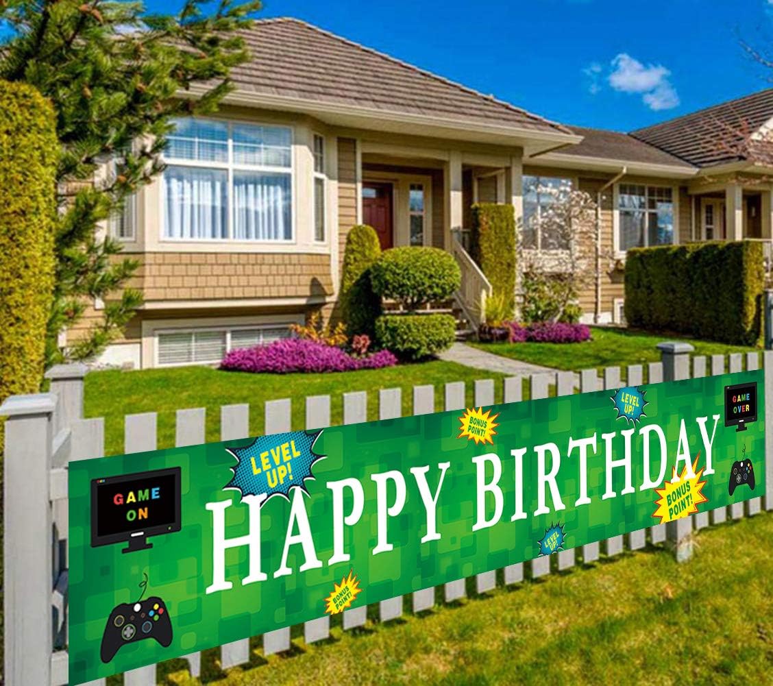 Large Video Game Happy Birthday Banner, Gaming Birthday Party Sign, Video Game Birthday Party Backdop Background, Gaming Party Decorations Supplies(9.8 x 1.6 feet)