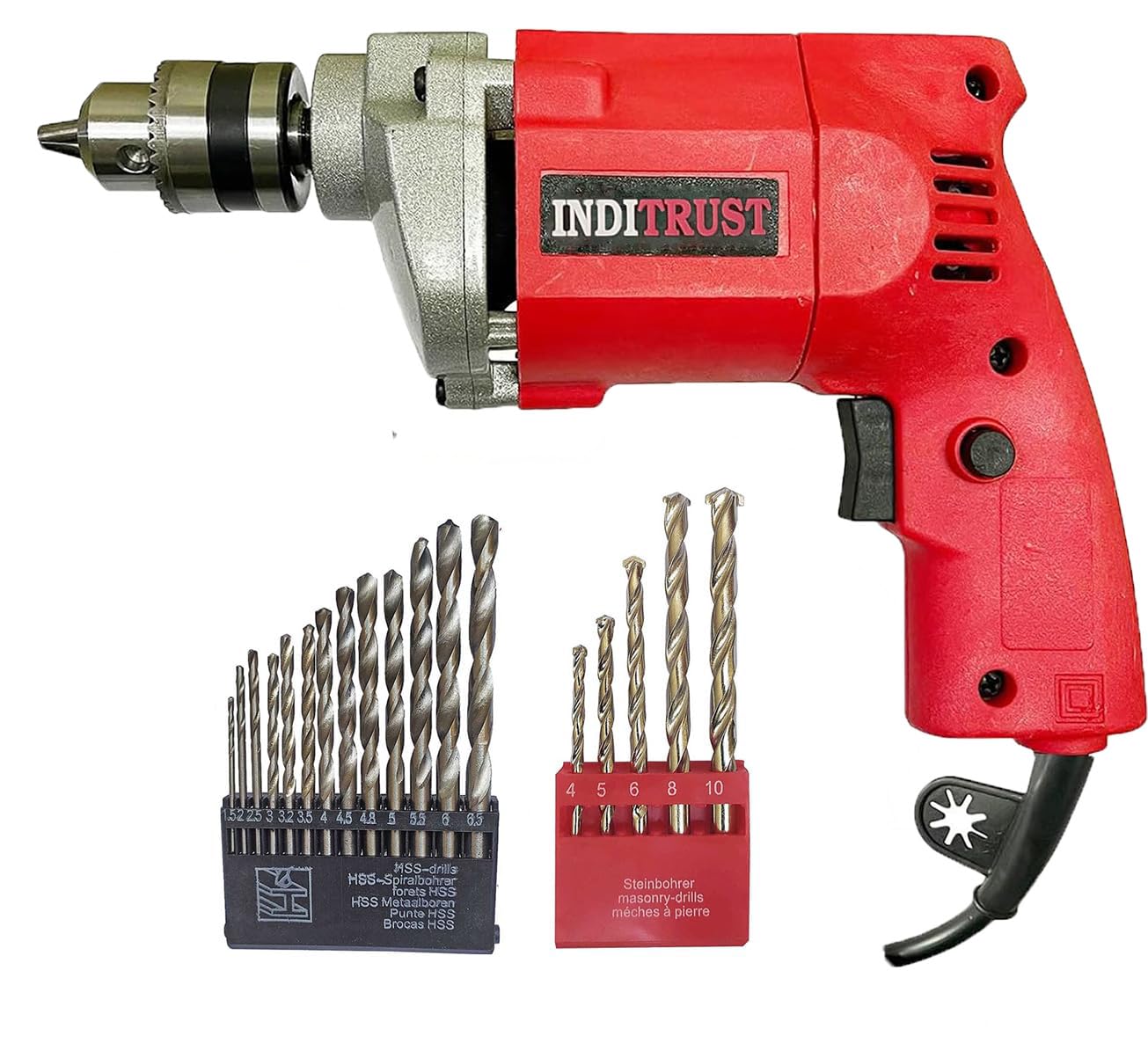 Inditrust 6-Month warranty 350w RED 10mm Electric Drill machine 100% Copper Winding with 13pc HSS bit, 5pc masonry bit set (Pack of 3)-image-5