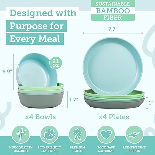 Miniatura 3 de Grow Forward Bamboo Kids Plates and Bowls Sets - 8-Piece Dishwasher Safe Non Toxic Plates for Kids - Reusable Eco Friendly BPA Free Dishes Selva