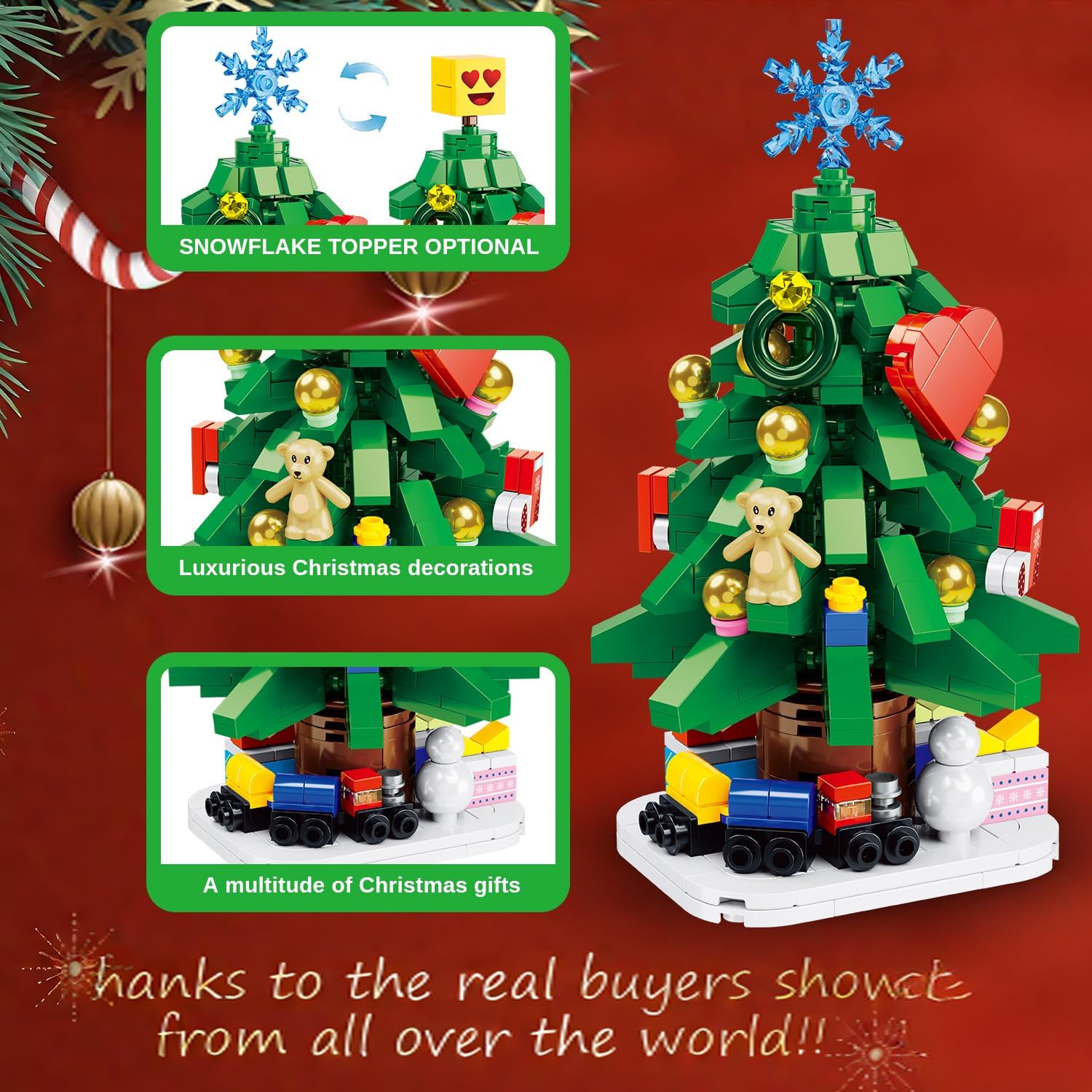 Mini Christmas Tree Building Blocks - Lego-Compatible Christmas Building Set with Bear, Heart, Snowflake/Smiley Topper, Creative Holiday DIY Model Home Decor Building Toys for Boys Girls Kids Adults