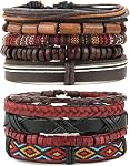 HZMAN Mix 5 Wrap Bracelets Men Women Hemp Cords Wood Beads Ethnic Tribal Bracelets Leather Wristbands