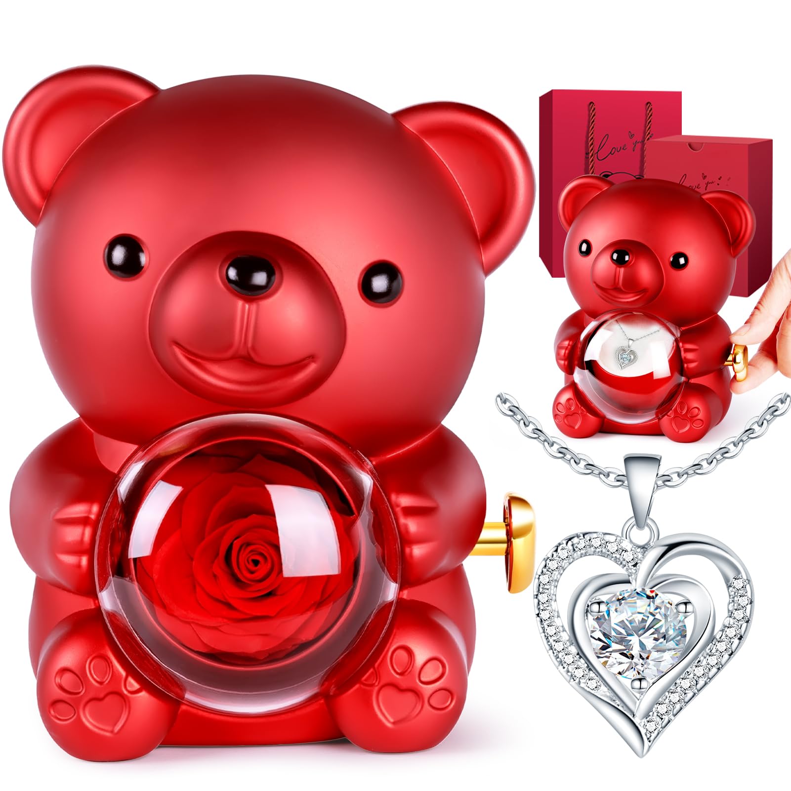 Oso Rosa Eterna con Collar, Osito Rosa Eterna Rojo, Regalo San Valentin Mujer, Regalo Mujer Cumpleaños Mama, Regalos para Ella Navidad Aniversario, Originales Oso con Flor Eterna