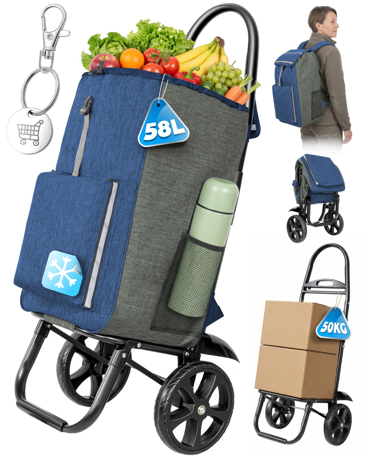 Homecall Einkaufstrolley Klappbar Einkaufswagen mit 55L + 5L kühlfunktion Bis 50KG, Einkaufstasche mit Rollen 3 in 1 Shopping Trolley & Sackkarre & Rucksack (Blau & Grau)