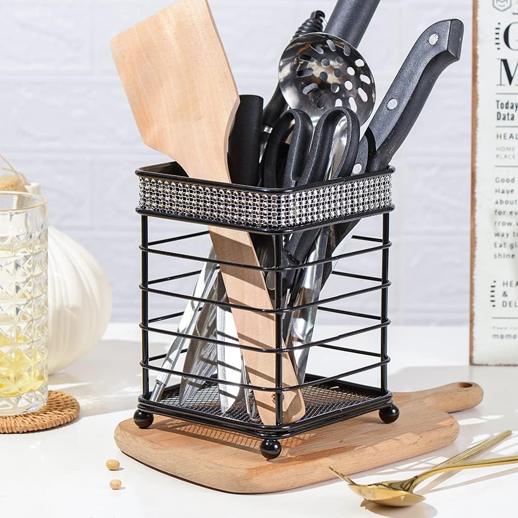 American Dream Kitchen Wire Utensil Holder with Diamond Decor, 6.5''x4.72'' Square Drain Utensil Holder for Countertop, Cooking Utensil Organizer