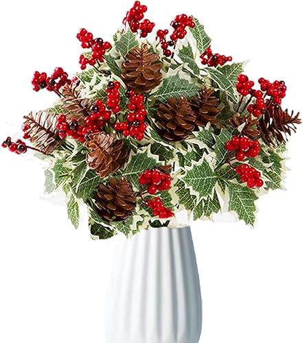 Flores artificiales de Navidad, bayas rojas acebo, tallos de piña para jarrón de Navidad, hogar, jardín, fiesta, arreglo, centros de mesa,