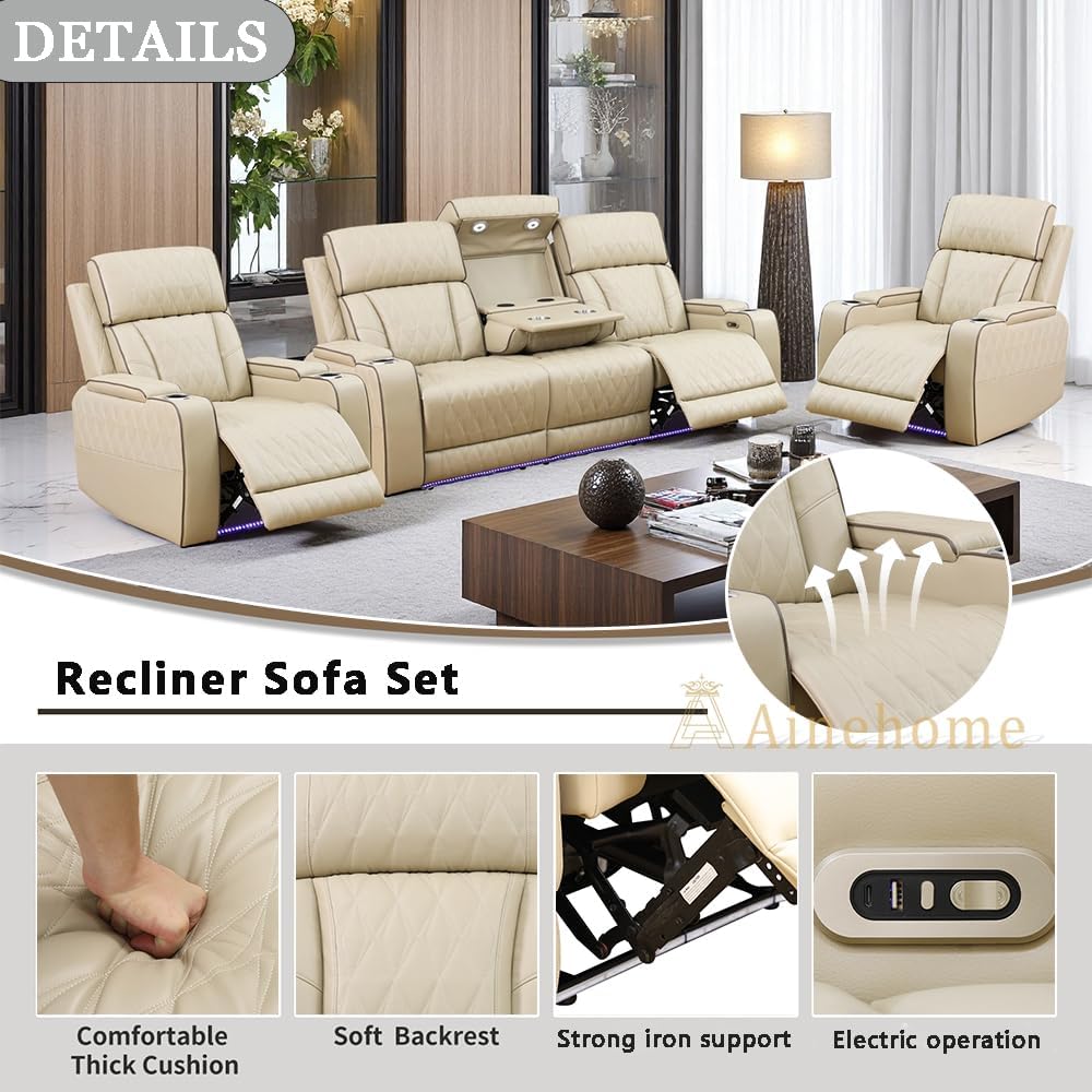 A Ainehome 3 Piece Power Recliner Sofa Set with LED, Power Leather Reclining Sofa and Chair Set, Leather Couches Sectional Recliner Chair for Living Room with USB Port/Storage Console