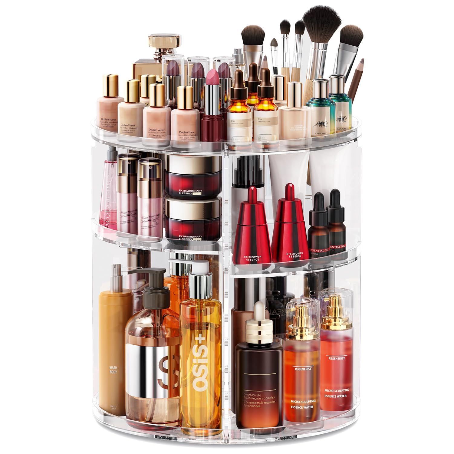 Auxmir Organizador de Maquillaje Giratorio 360, Organizador Perfumes y Cremas, Almacenaje Maquillaje con 9 Niveles Ajustables, para Pintalabios Brochas Baño Tocador, Gran Capacidad, Transparente