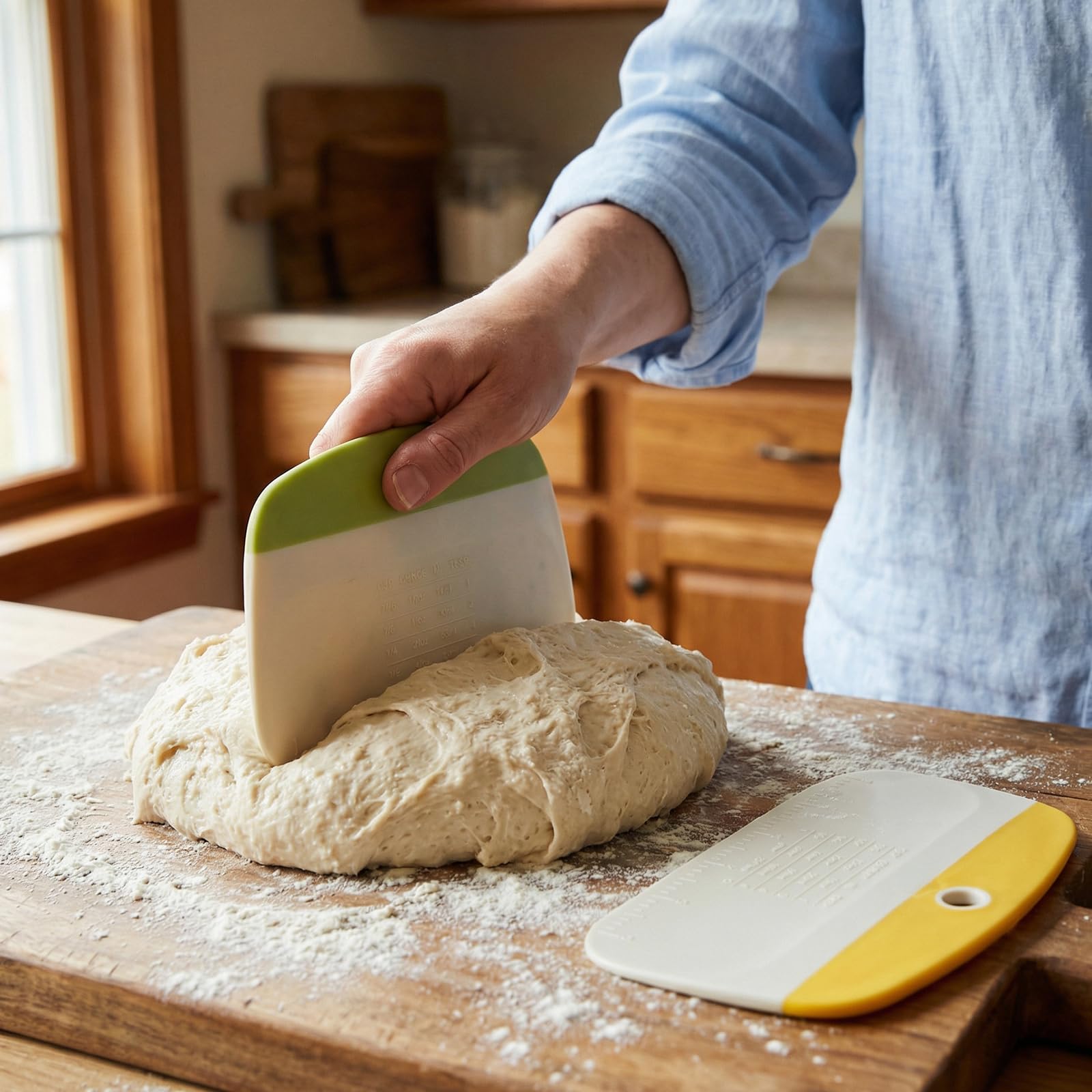 2 Piezas Rasqueta Corta Masas Plástico Alimentario Doble Cara con Escala, Espátula Rasqueta Masa Pan Repostería, Verde Amarillo Antideslizante Utensilios Panadería