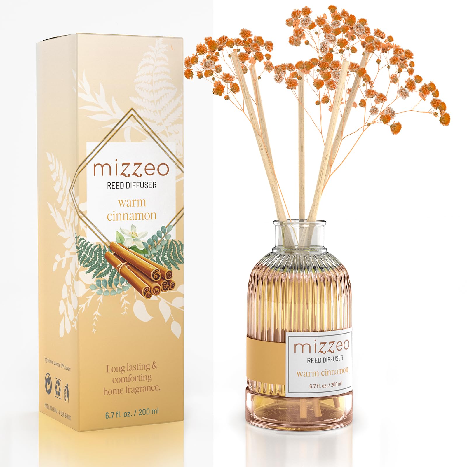 MIZZEO Reed Diffuser Set, Warm Cinnamon 6.76 fl oz Highly Scented Room Diffuser Home Fragrance Essential Oil Reed Flower Diffuser, House Bedroom Office Decor & Gifts