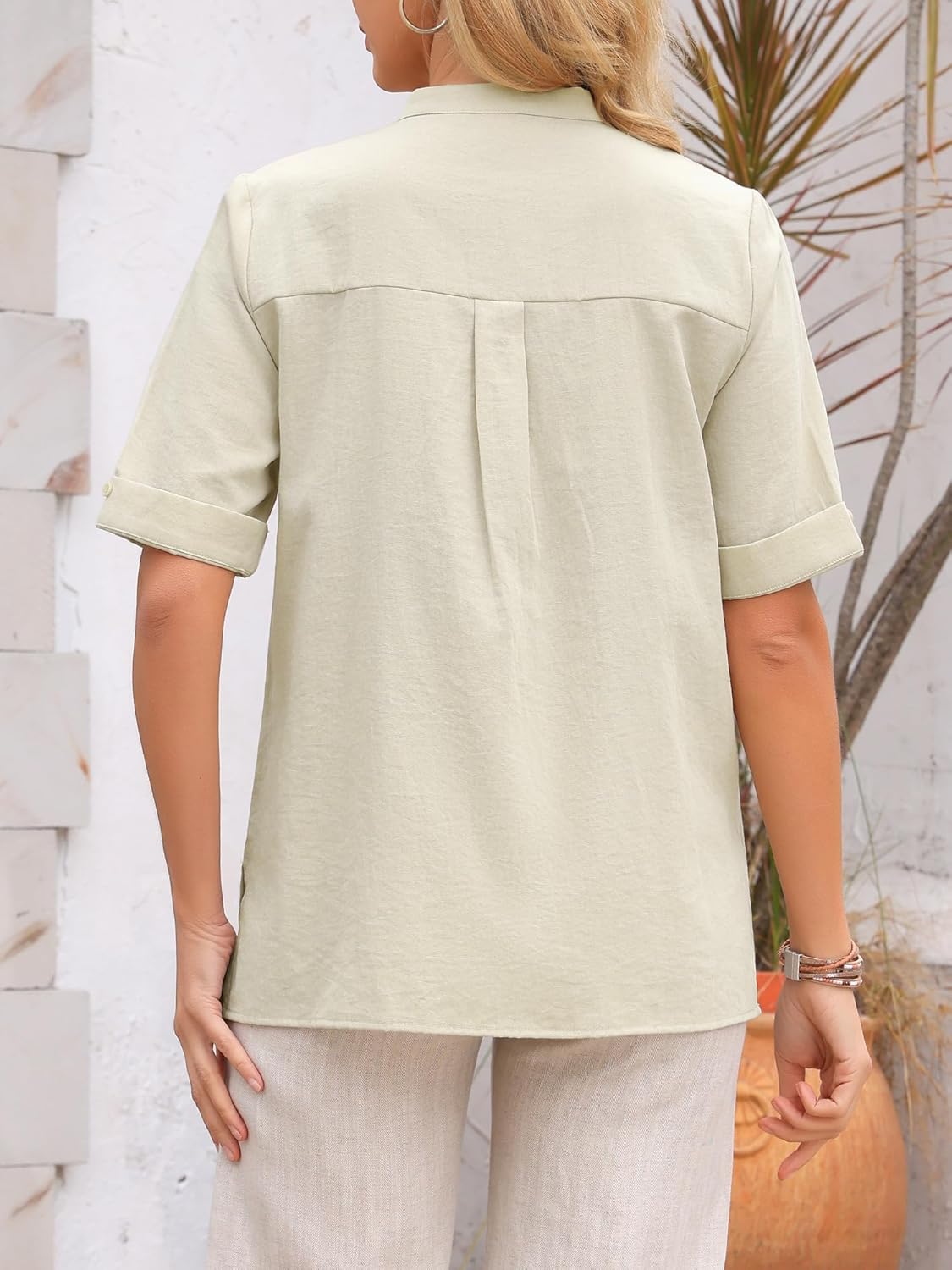 Seta T Women's Button Down Shirts Cotton Short Sleeve Tops V Neck Dressy Casual Loose Fit Tunic Work Blouses - Image 4