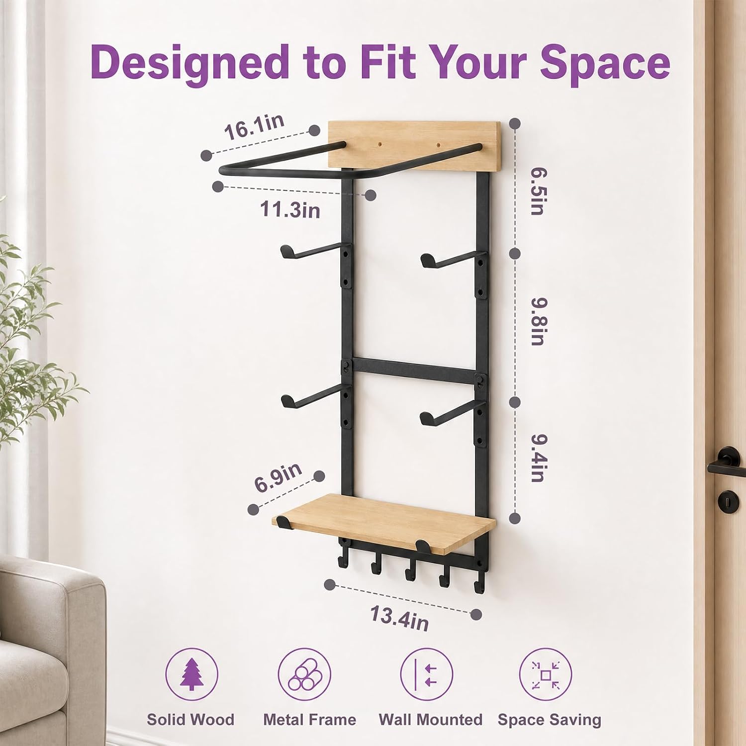 4-in-1 Yoga Mat & Ball Holder Wall Mount Storage, Durable Home Gym Accessories Organizer with Adjustable Solid Pine Floating Shelf & Hooks, 5 Hooks for Hanging Foam Rollers and Resistance Bands
