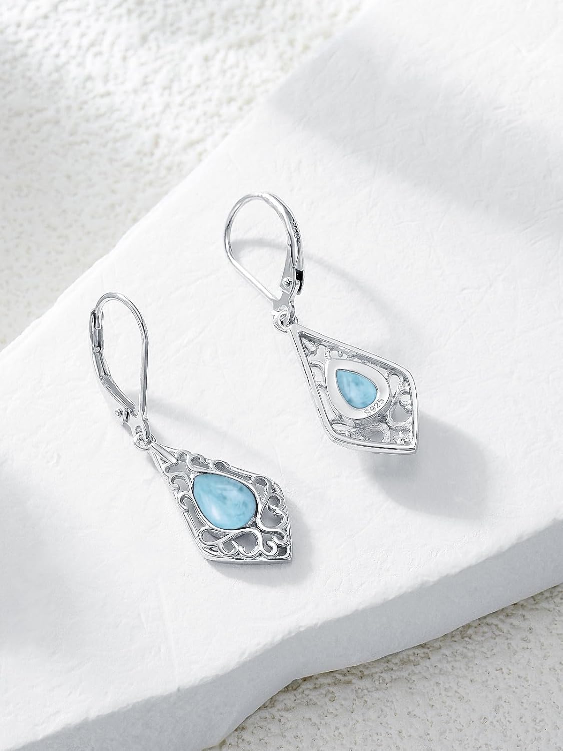 HPQQ Filigree Teardrop Earrings 925 Sterling Silver Gemstone Leverback Earrings Jewelry Gifts for Women