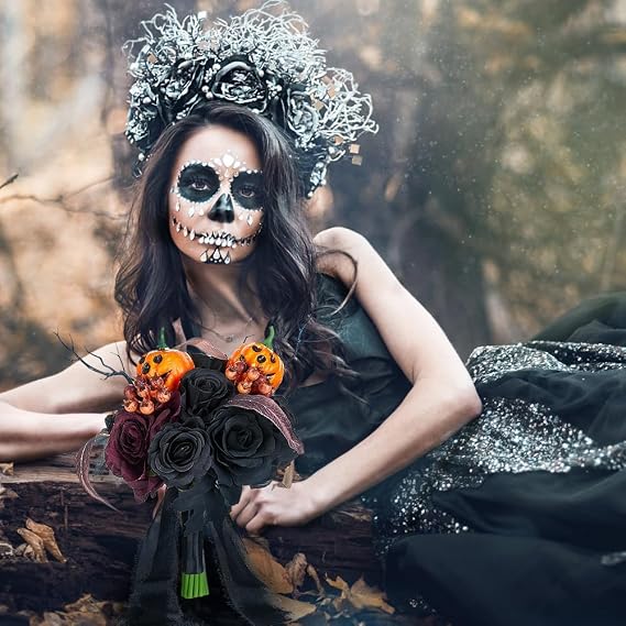 Halloween Bouquet - Gothic Wedding Bouquet with Black Roses & Burgundy Blooms, Artificial Bride Bouquet for Dark Romance (Type 1)
