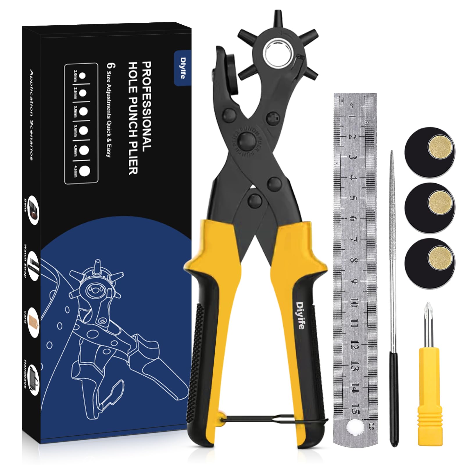 Diyife Lochzange, [Volles Set] Professionel Gürtel Locher mit Lochgrößen-Zifferblatt, Haushalt Revolverlochzange, mit Schleifstab, Für Gürtel, Kunsthandwerk, Karte, Gummi, usw.(Gelb)