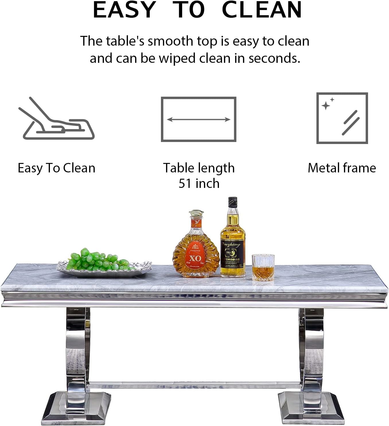 ACEDÉCOR Silver Coffee Table, Grey Rectangular Living Room Table with Silver Mirrored Metal U-Base, Modern Sofa Coffee Table for Living Room, Guest Hall, Reception Room