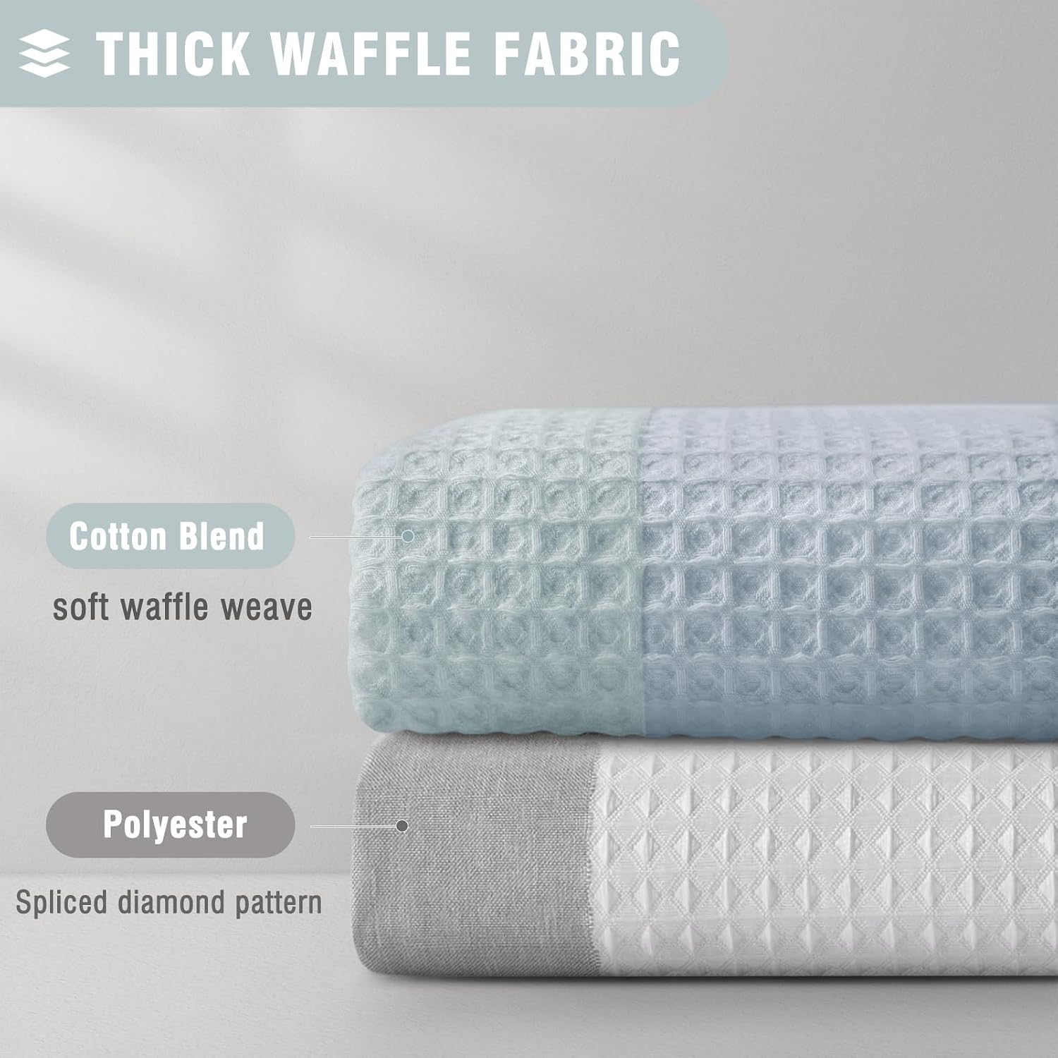 Light Blue Ombre Waffle Weave Shower Curtain 72Wx72L | Soft Cotton Bled Fabric, Washable, Light Blue Ombre Design, Striped Pieced