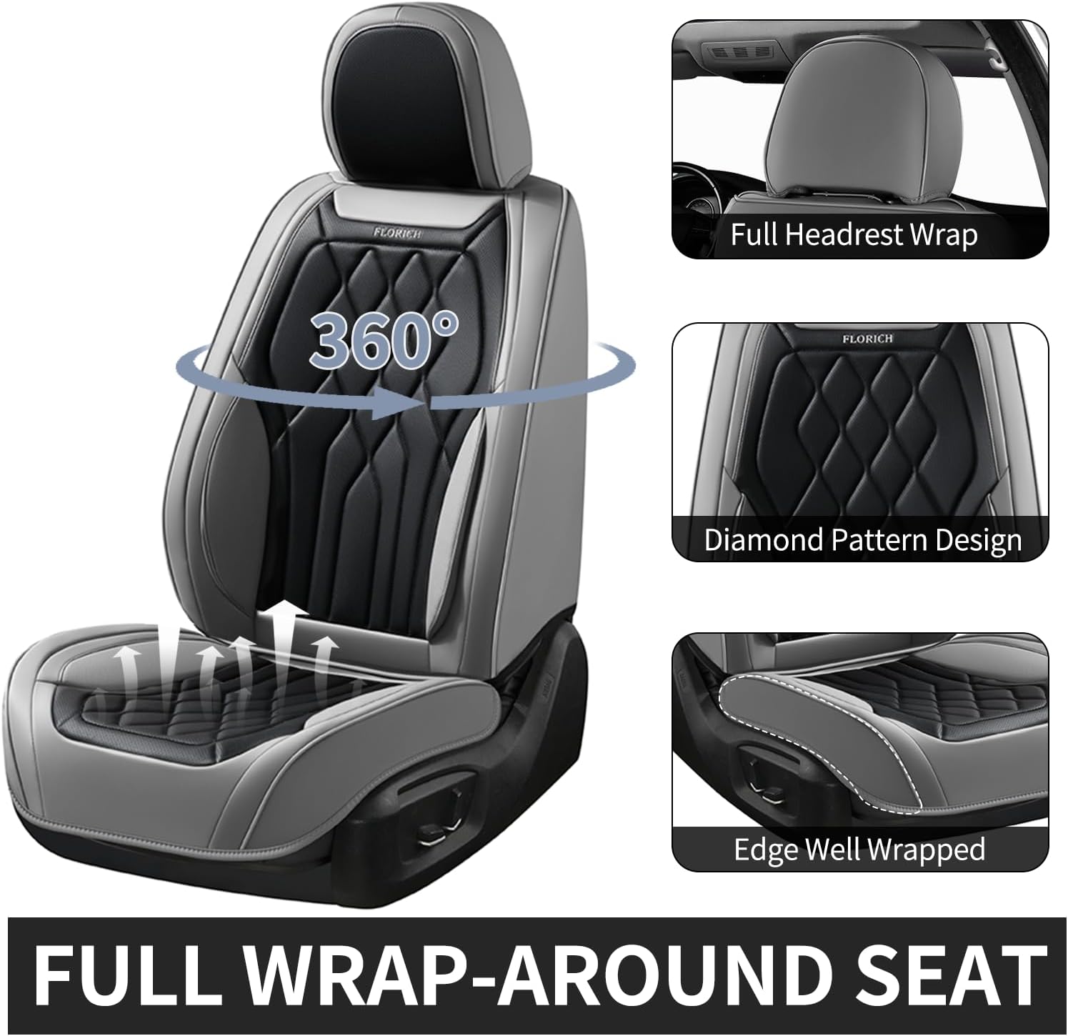 FLORICH Front Seat Covers, Leather Car Seat Protector, Waterproof Seat Covers for Cars, Black Seat Covers Universal Fit for Cars, Trucks, SUVs - Gray&Black