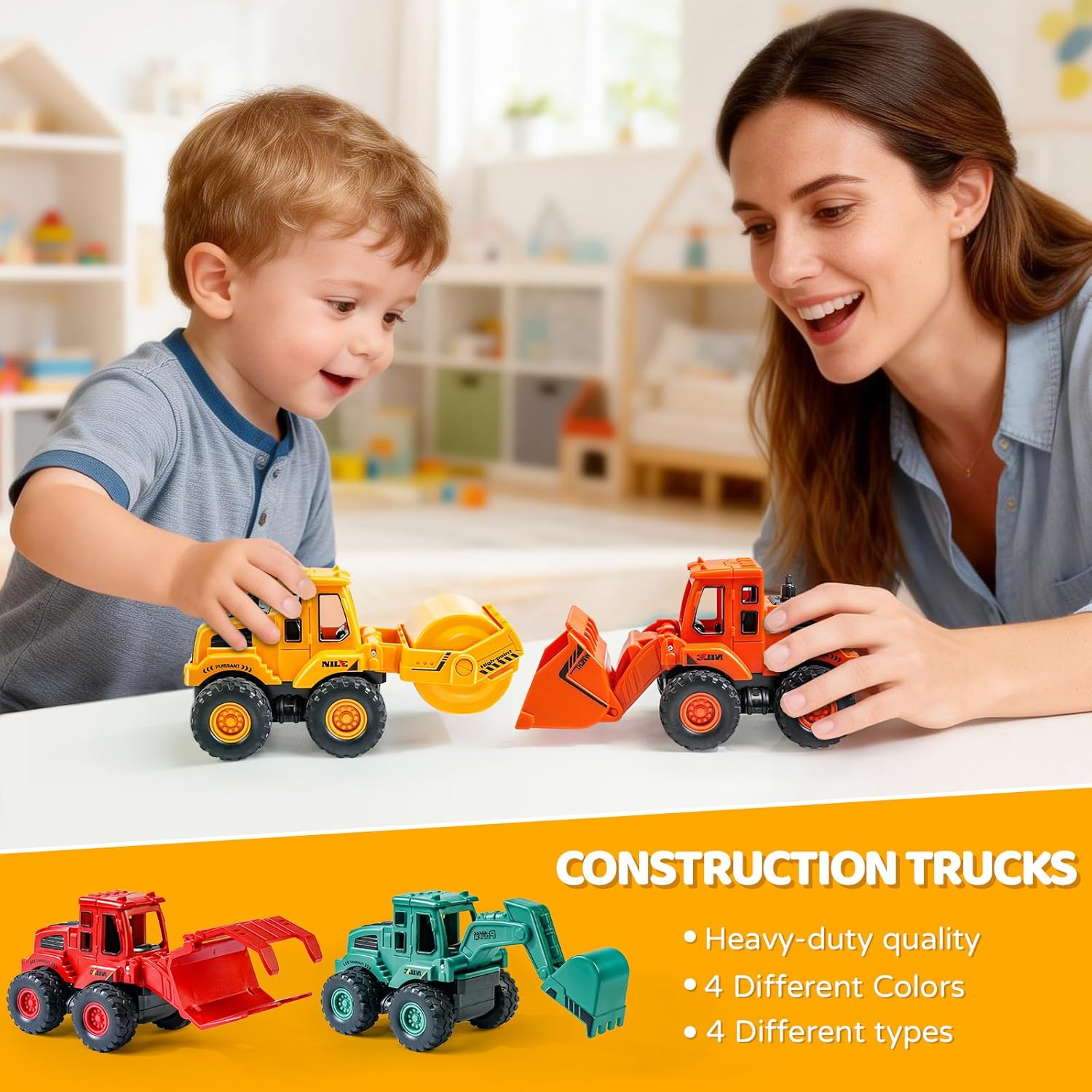 Beestech Construction Toys for 3 Years Old Boys Girls Kids, Friction Powered Construction Truck Toys Vehicles Sand Toys Trucks Excavator, Bulldozer, Road Roller (Colorful 4 Pack)