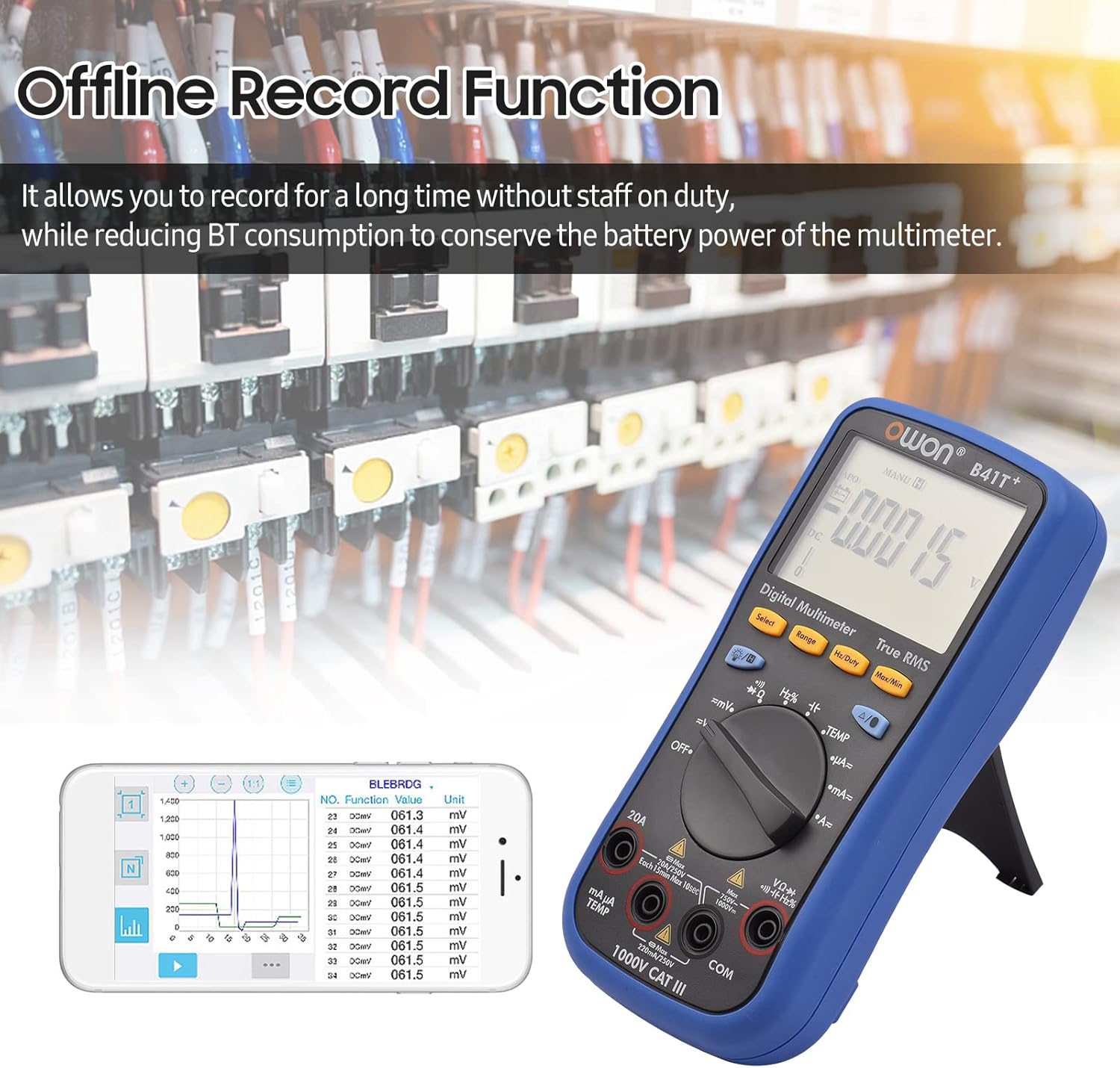 B41T+ Digital BT Multimeter with Offline Record 22000 Counts True RMS Auto-ranging Electrical Tester with Back LCD Screen AC DC Vole Current Detector Temperature Measuring Multifunction