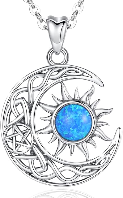 CELESTA Blue Opal Pentagram Necklace Sterling Silver Sun Moon and Star Necklaces Wiccan Jewellery Love Gifts for Women Mum Daughter Girlfriend
