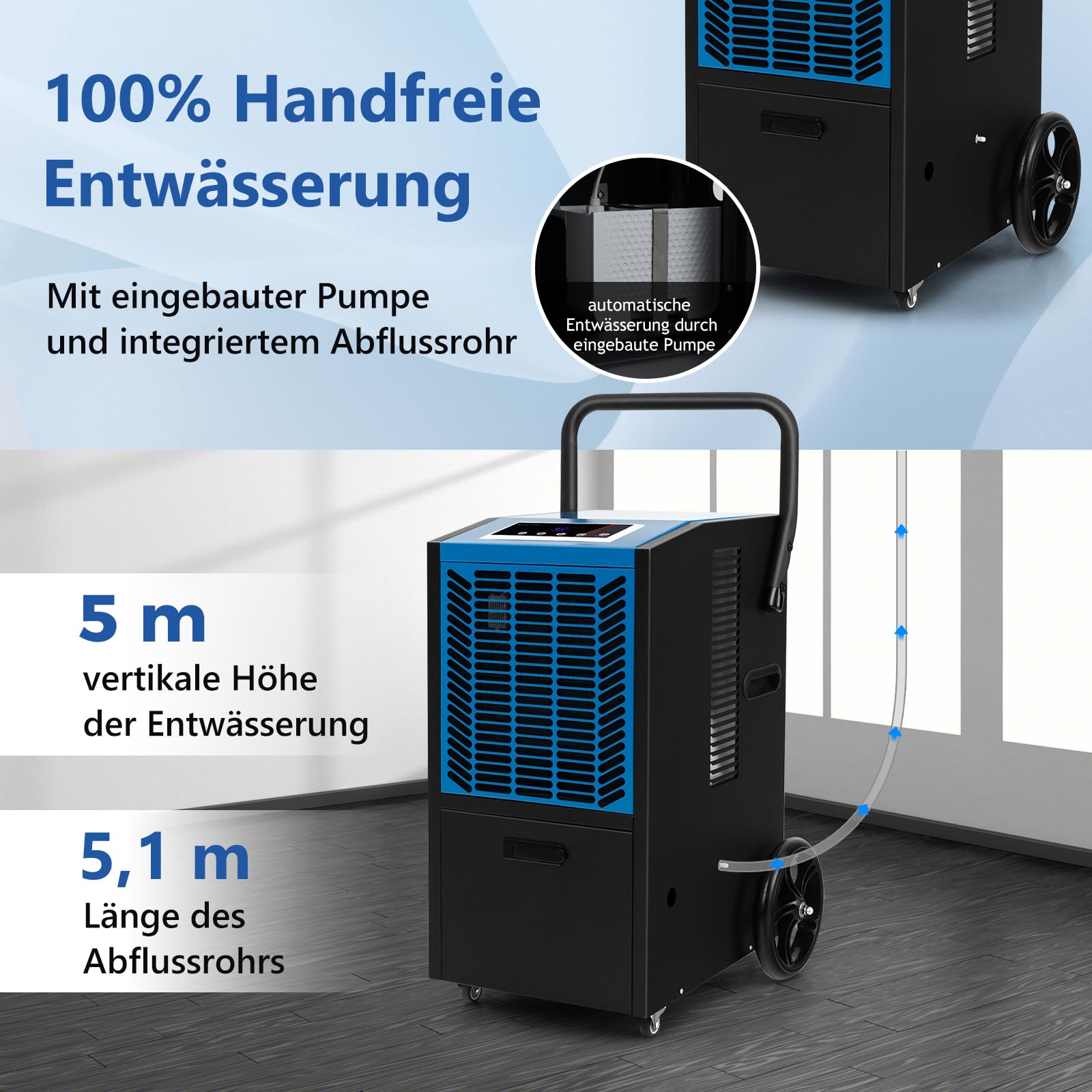 GOPLUS Luftentfeuchter 66 L/Tag, Bautrockner für Lager, Keller, Industrie Trocknungsgerät mit 24H Timer, Ablaufschlauch, Pumpe & Digitalanzeige, Automatische Abschaltung (Blau, 41 x 44 x 81,5 cm)