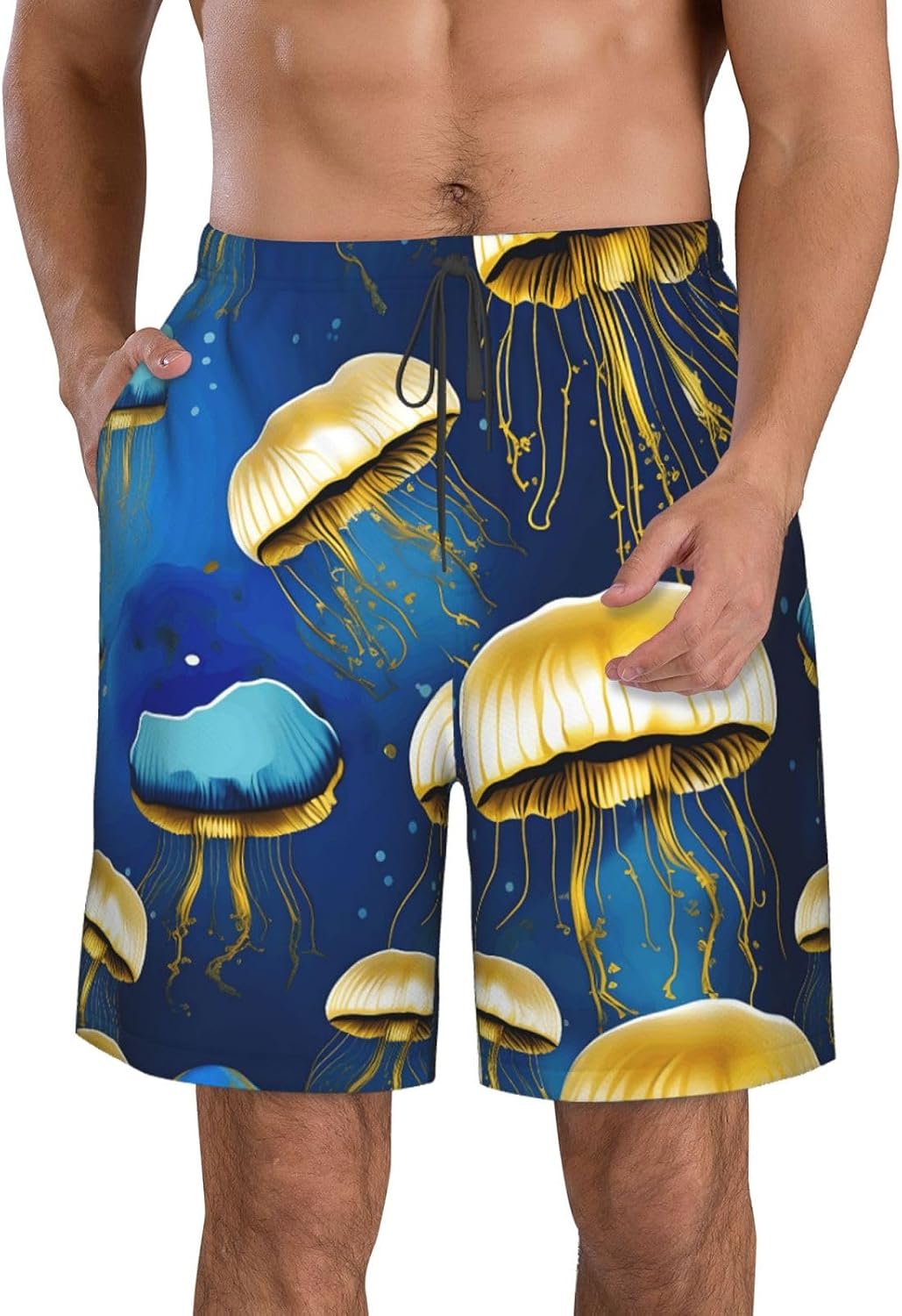 Blue and Gold Jellyfish Print Mens Casual Shorts Drawstring Summer Beach Stretch Shorts Novelty Swimtrunks