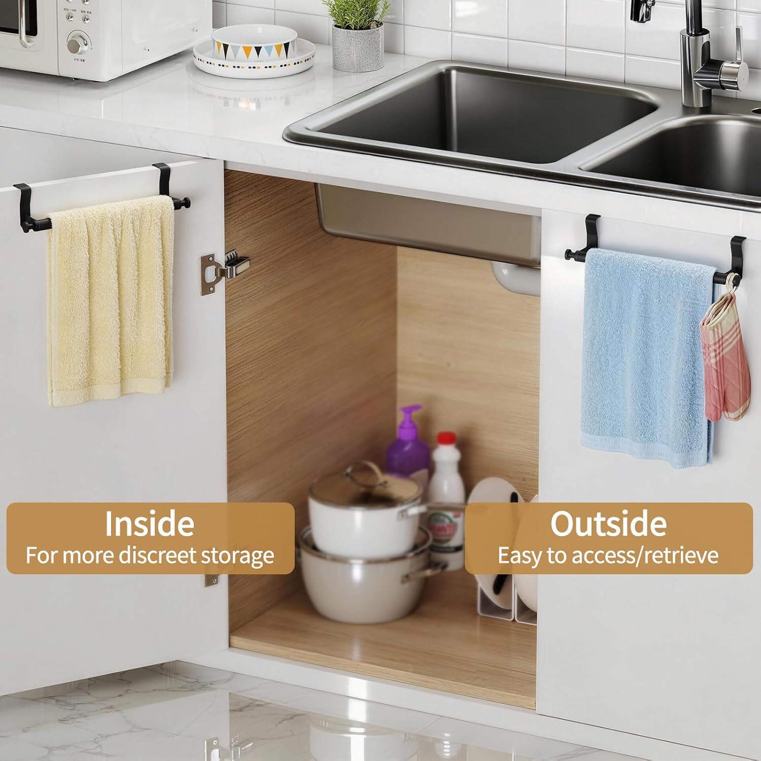STWWO Over Cabinet Towel Holder with Hooks, 2 Pack Black Bars for Kitchen | Stainless Steel Over The Cabinet Towel Rack Bars, Dish Towel Holder for Kitchen Cabinet Doors